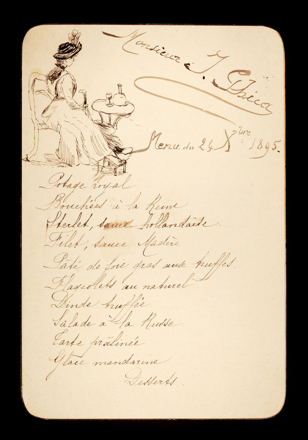 Invitaţie-menu adresată scriitorului Ion Ghica, 24 octombrie 1895, desenul aparține Alinei Ghica, nepoata scriitorului şi fiica lui Dimitrie Ghica, ministrul României la Atena