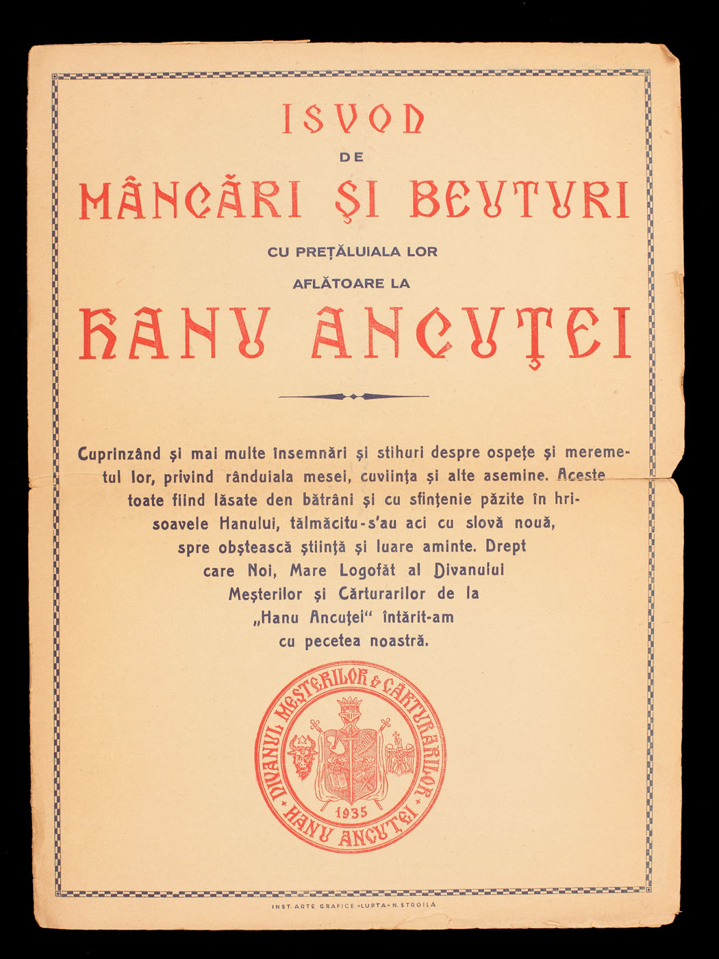 "Isvod de mâncări şi beuturi cu preţăluiala lor aflătoare la Hanu Ancuţei", 1935, provine din colecţia  ing. Ion D. Ghica