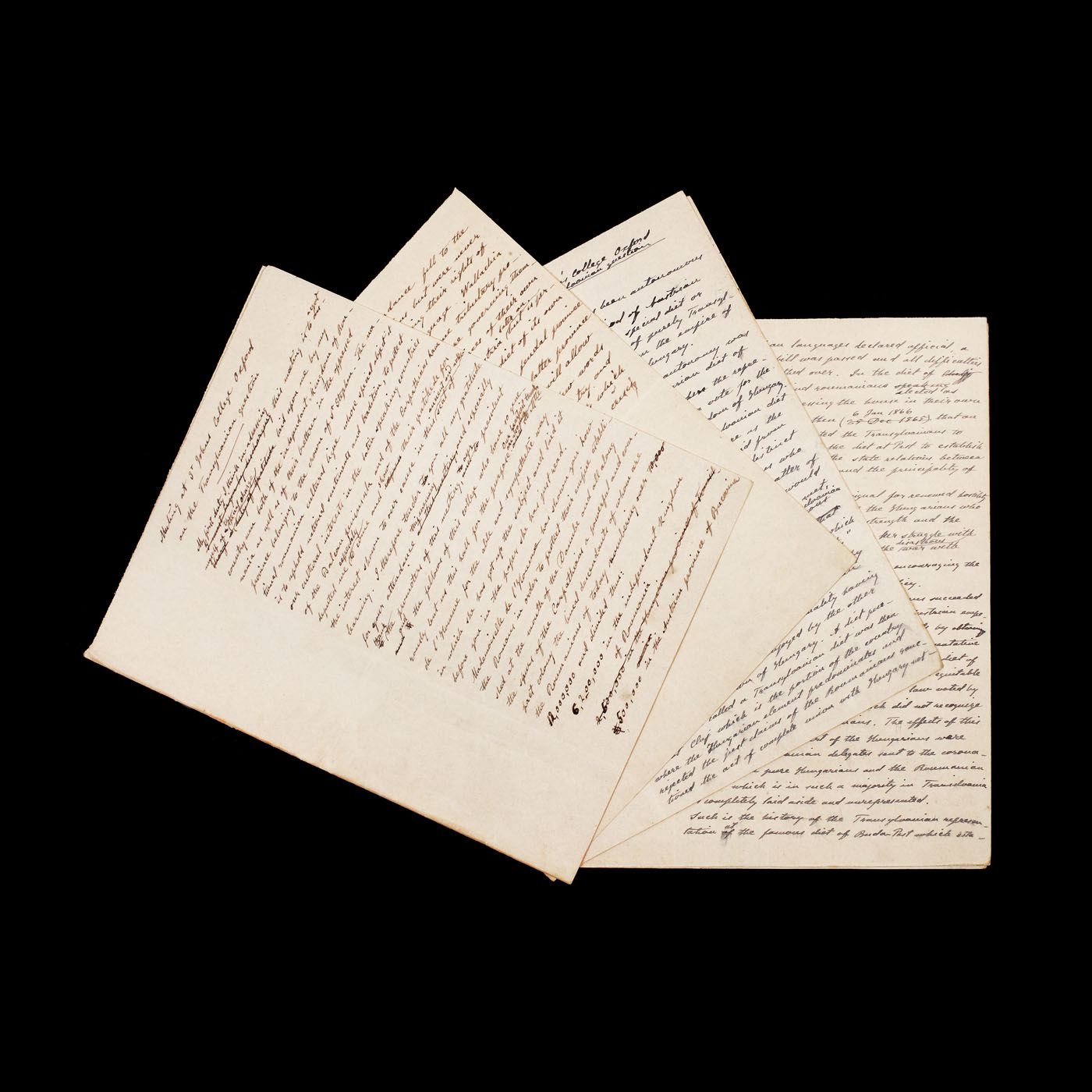 Manuscris al discursului "Chestiunea Transilvaniei" ținut de Dimitrie Ghica la St. John's College, Oxford (8 file)