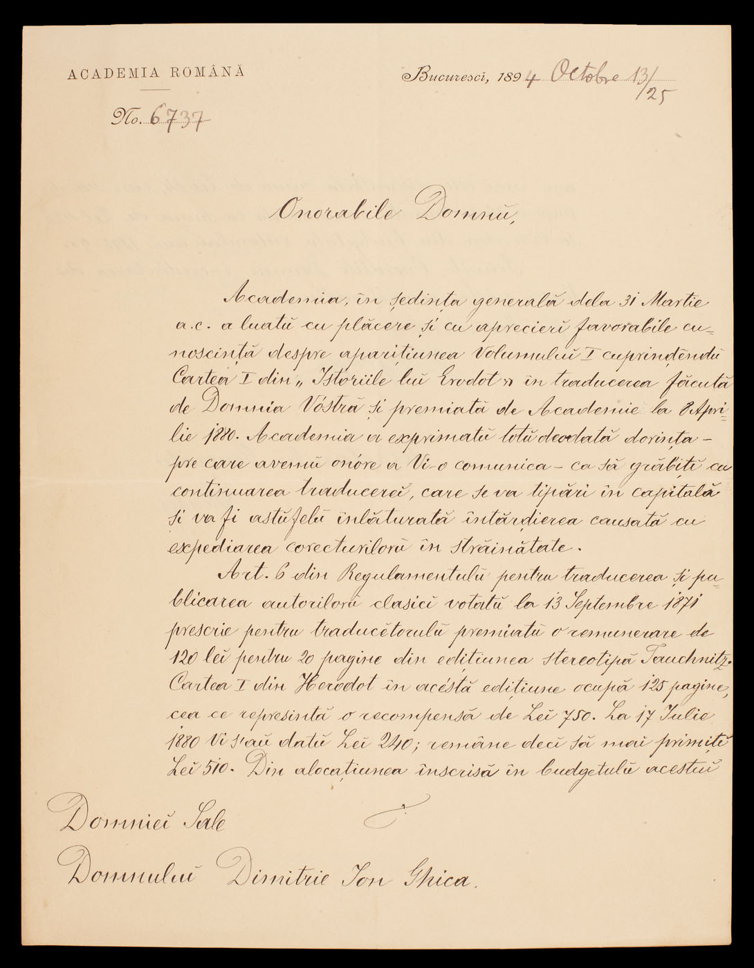 Scrisoare trimisă de Iacob C. Negruzzi către Dimitrie I. Ghica referitor la plata pentru traducerea Cărții I din Herodot, București, 25 octombrie 1894