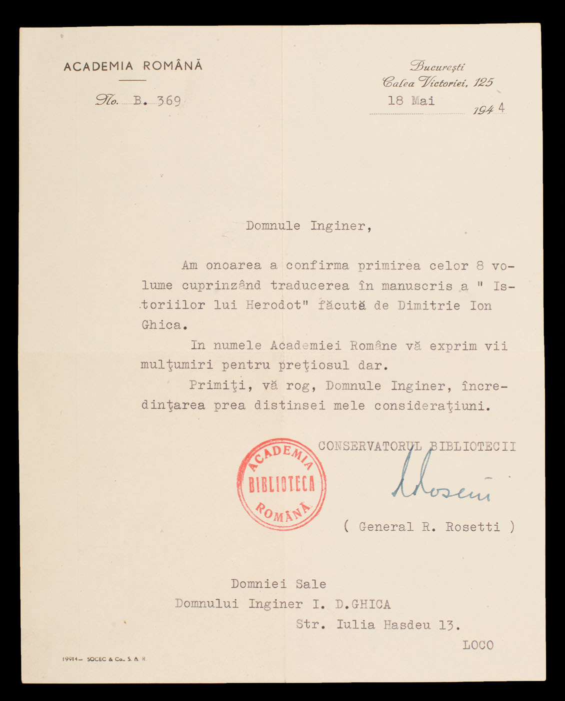 Scrisoare trimisă de generalul Radu Rosetti către Ion D. Ghica în care se confirmă primirea traducerilor celor 8 volume a "Istoriilor lui Herodot", 18 mai 1944
