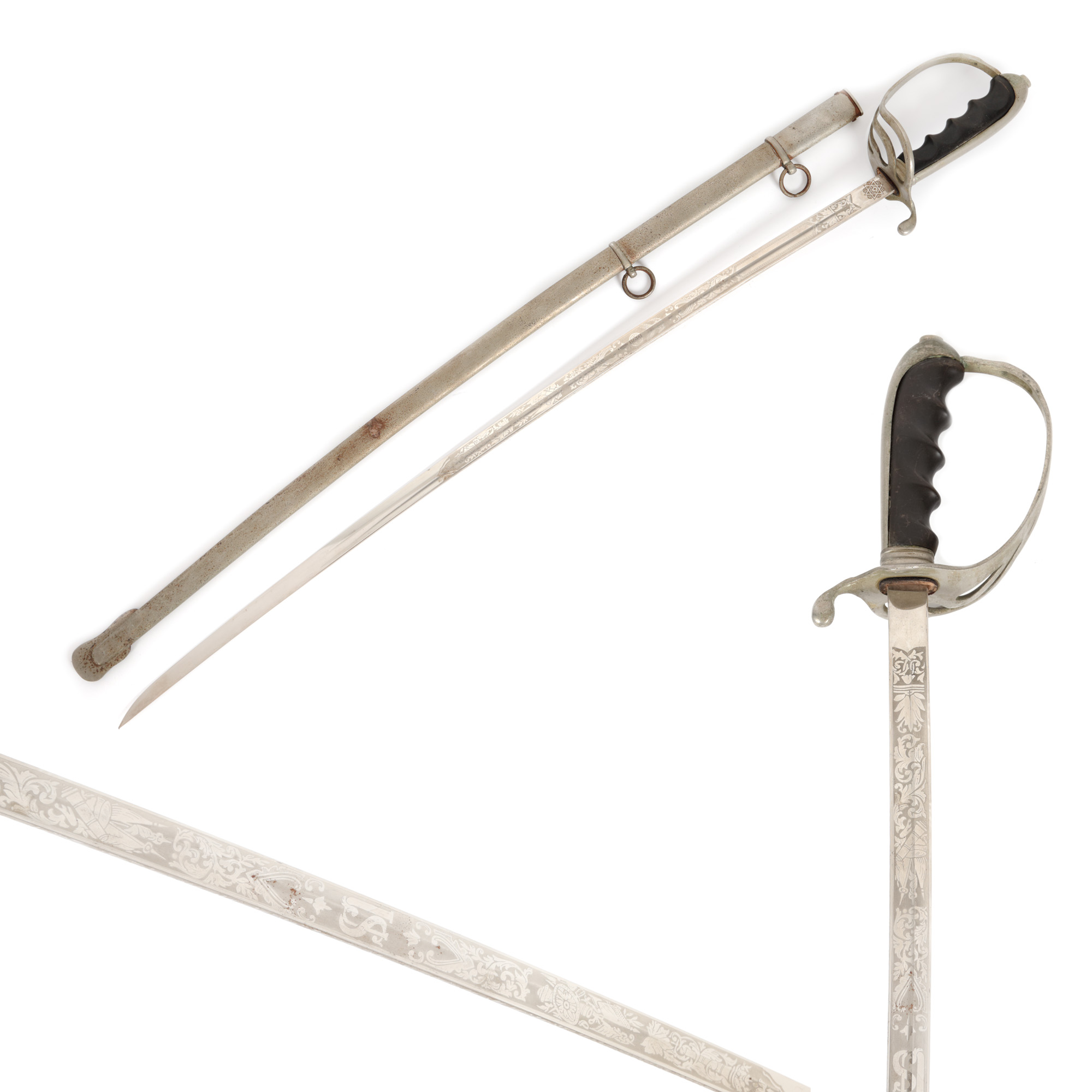 Sabie de ceremonie, de ofiţer american, lamă bogat decorată prin incizare şi monogramă U.S., cu teacă, model 1902, perioada lui Theodore Roosevelt