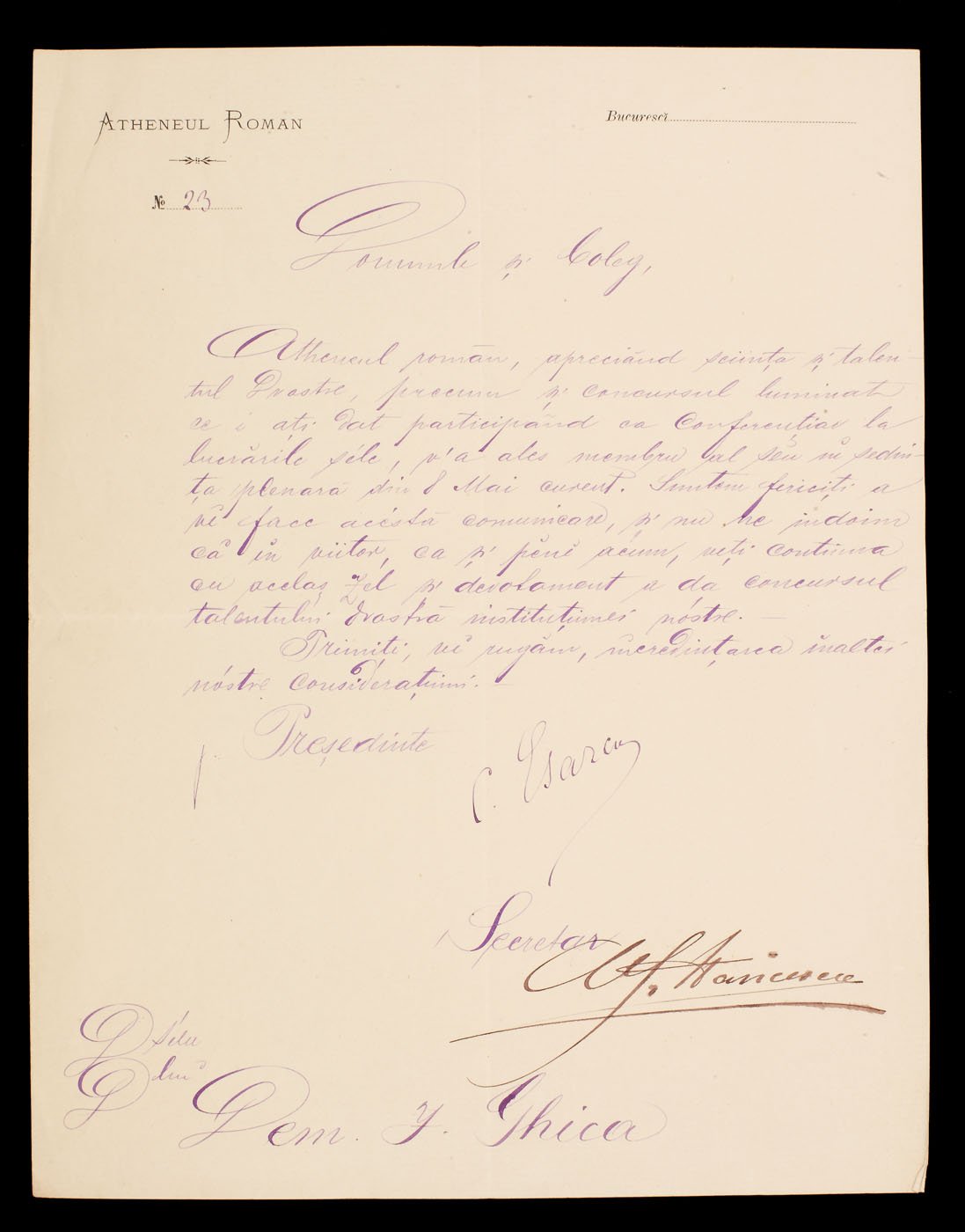 Scrisoare trimisă de Constantin Esarcu, preşedintele Ateneului Român, către Dimitrie I. Ghica