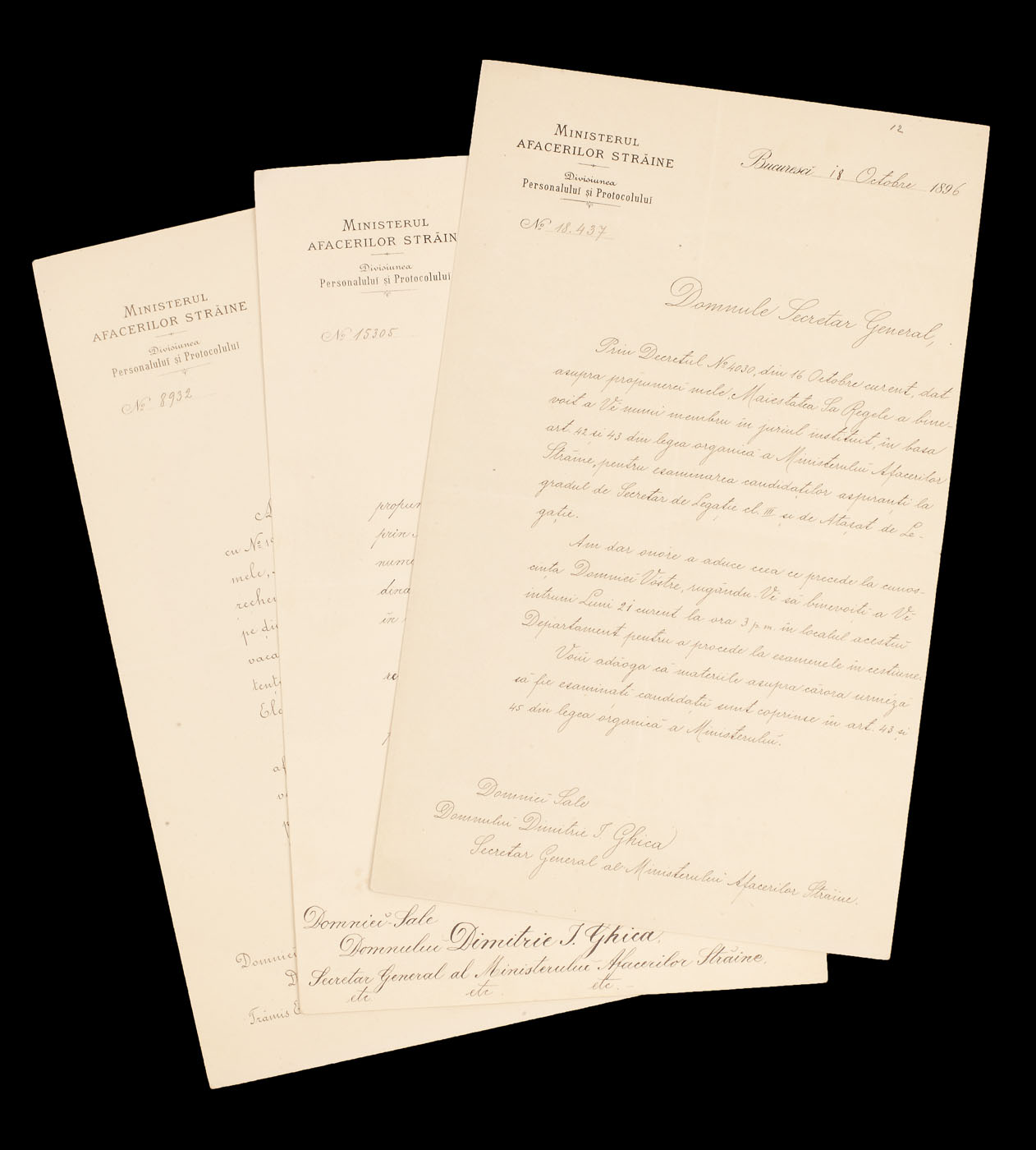 Lot format din 3 documente care atestă numirea lui Dimitrie Ion Ghica in diverse funcţii la reprezentanţele României din străinătate în perioada 1896 - 1901