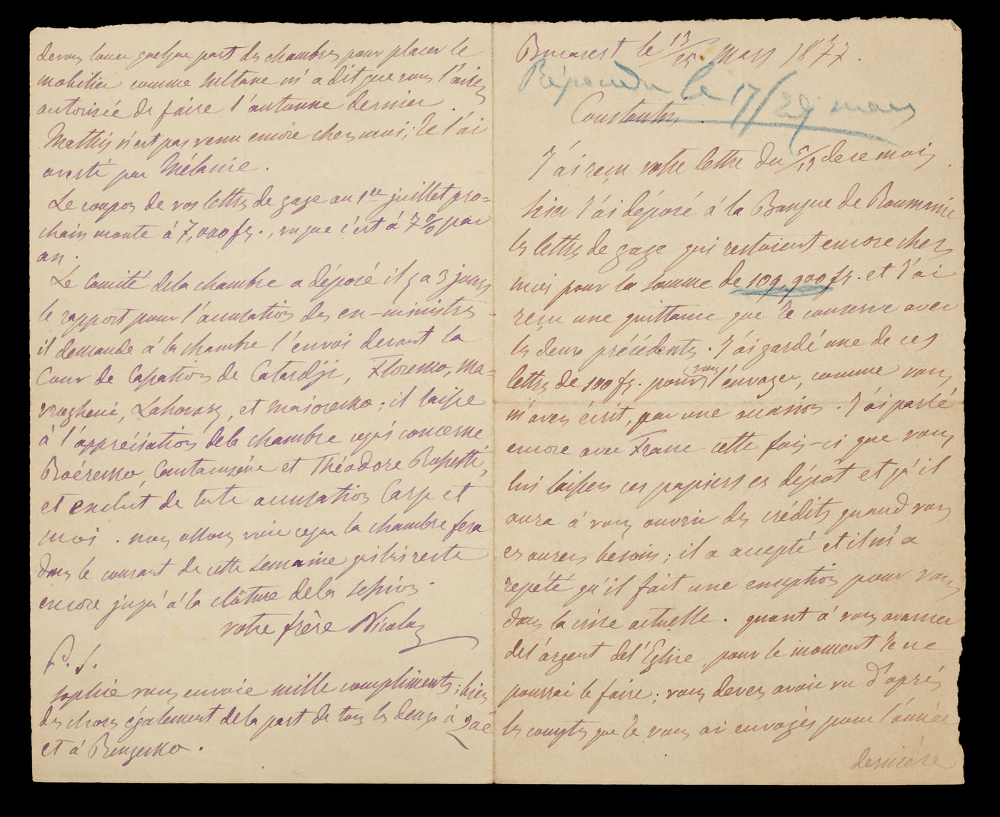 Scrisoare, în limba franceză, trimisă de Nicolae Creţulescu către fratele său, Constantin Creţulescu, 24 martie 1877, (2 file) provine din colecţia Dimitrie I. Ghica