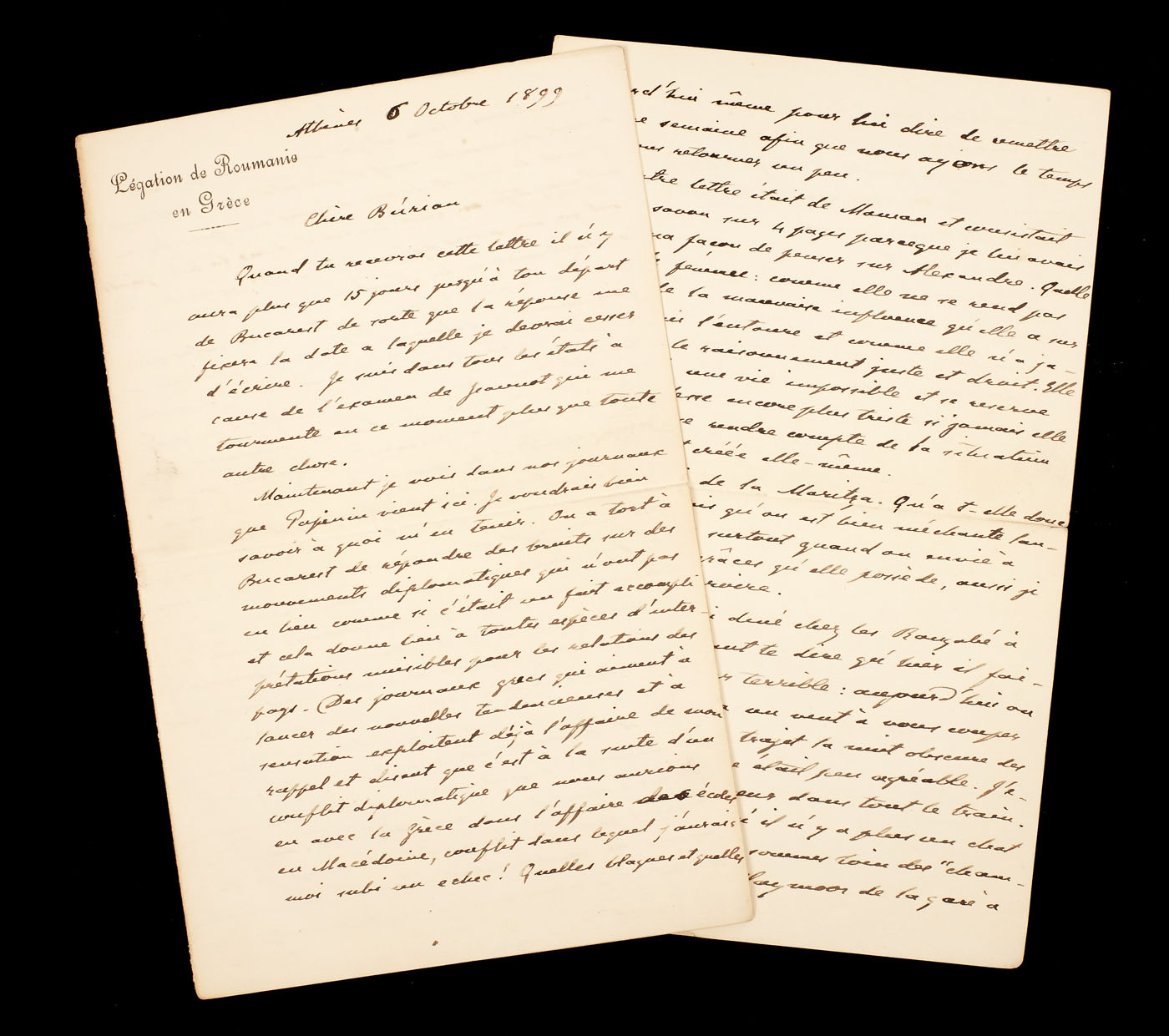 Scrisoare trimisă de Dimitrie Ion Ghica, ministrul României la Atena, către baronul Stephan Burian von Rajecz, ministrul Austro-Ungariei la Atena, Atena, 6 octombrie 1899 (3 file)