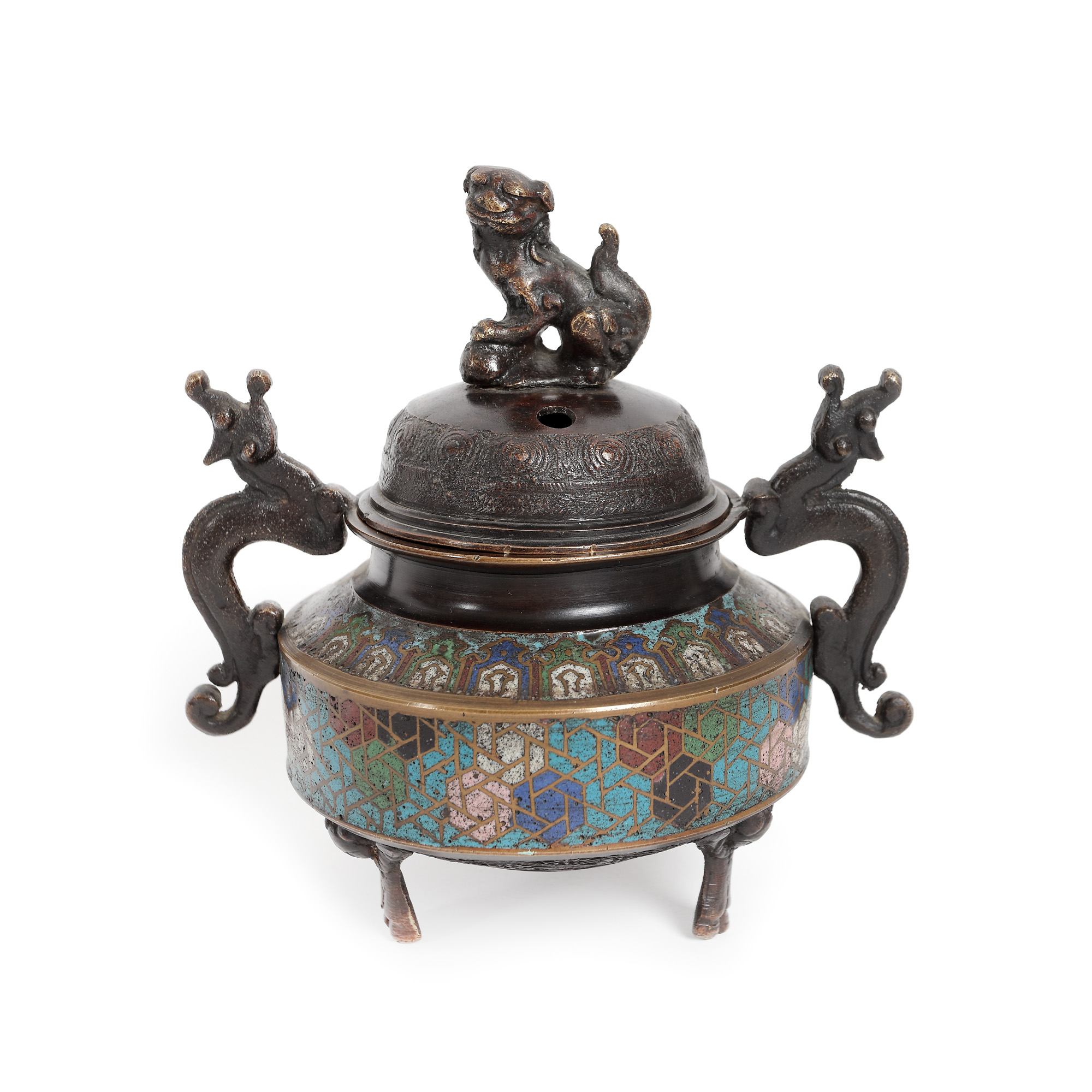 Vas pentru ars mirodenii, decorat cu email, dragon și câine Foo, sfârșitul dinastiei Qing, China, începutul sec. XX