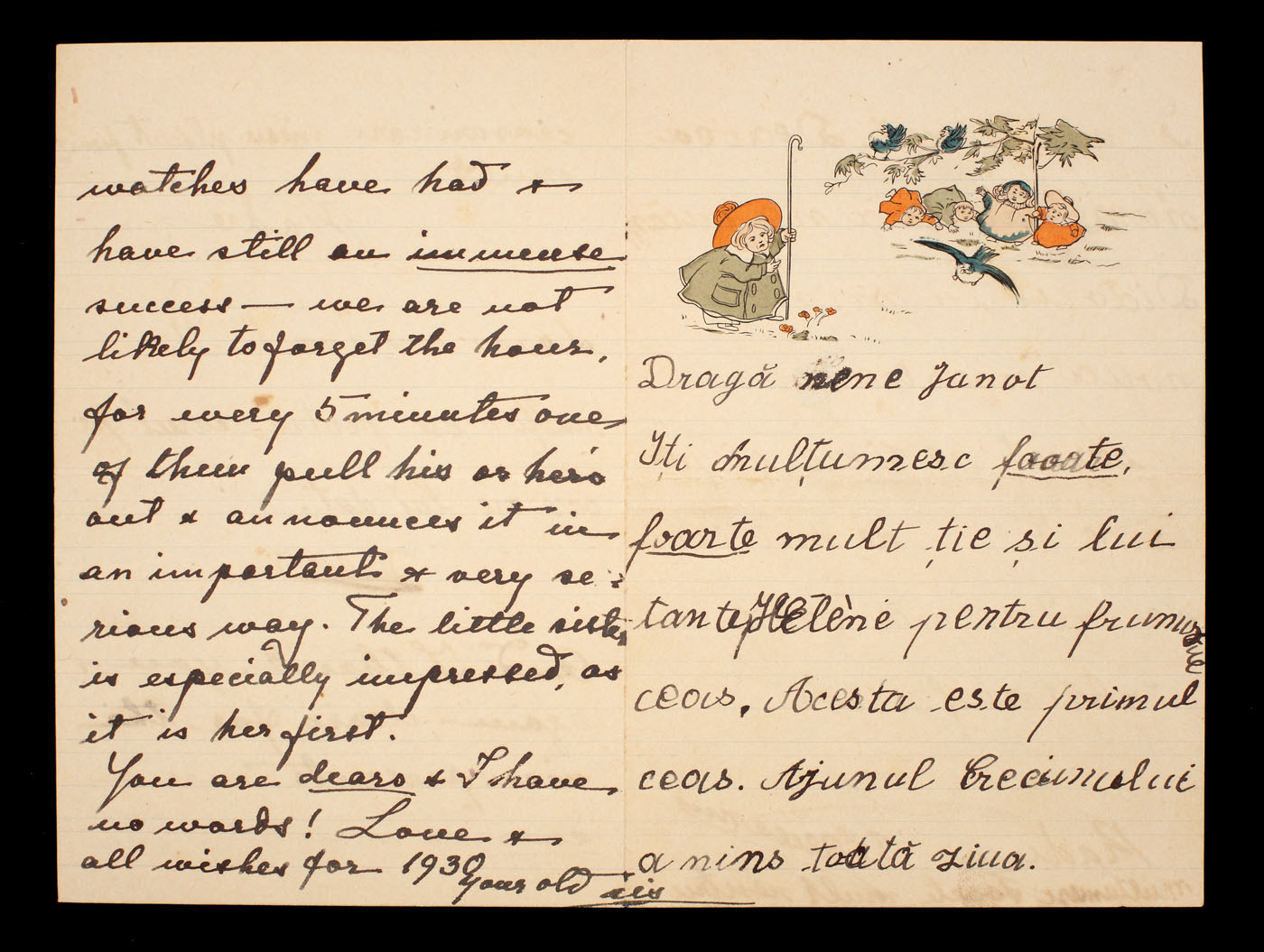 Scrisoare trimisă de Tudor Greceanu şi fraţii săi, Radu şi Martha, către unchiul lor, Ion D. Ghica, în care îi mulţumesc pentru darurile oferite, 1930 (2 file)