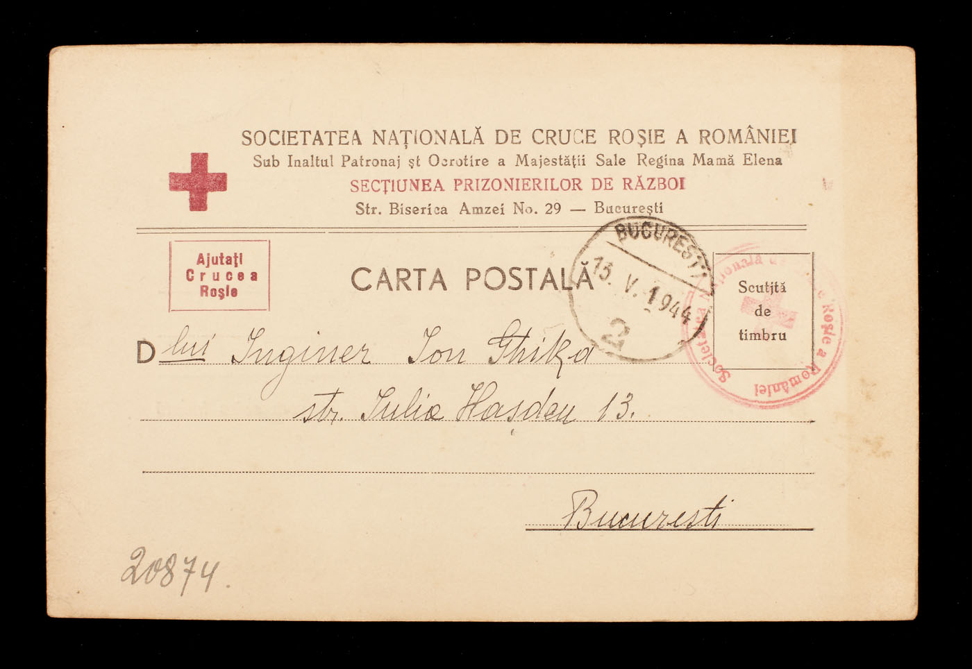 Carte poștală trimisă de Crucea Roșie lui Ion Ghica despre începerea cercetărilor împotriva nepotului său Radu Greceanu, prizonier de război, 1944