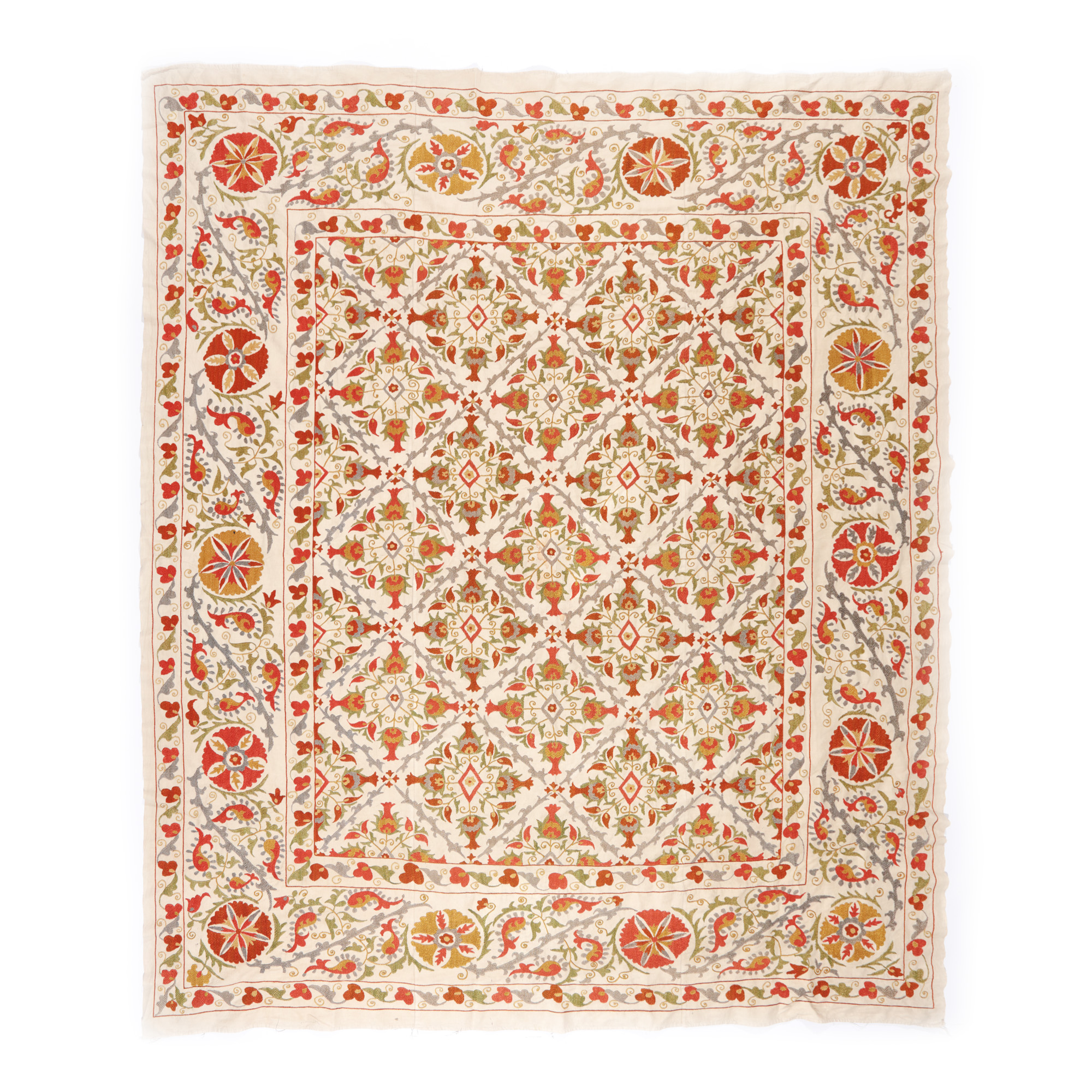 Tapiserie Suzani, din bumbac și mătase, decorată cu rozete florale, Uzbekistan, cca. 1960