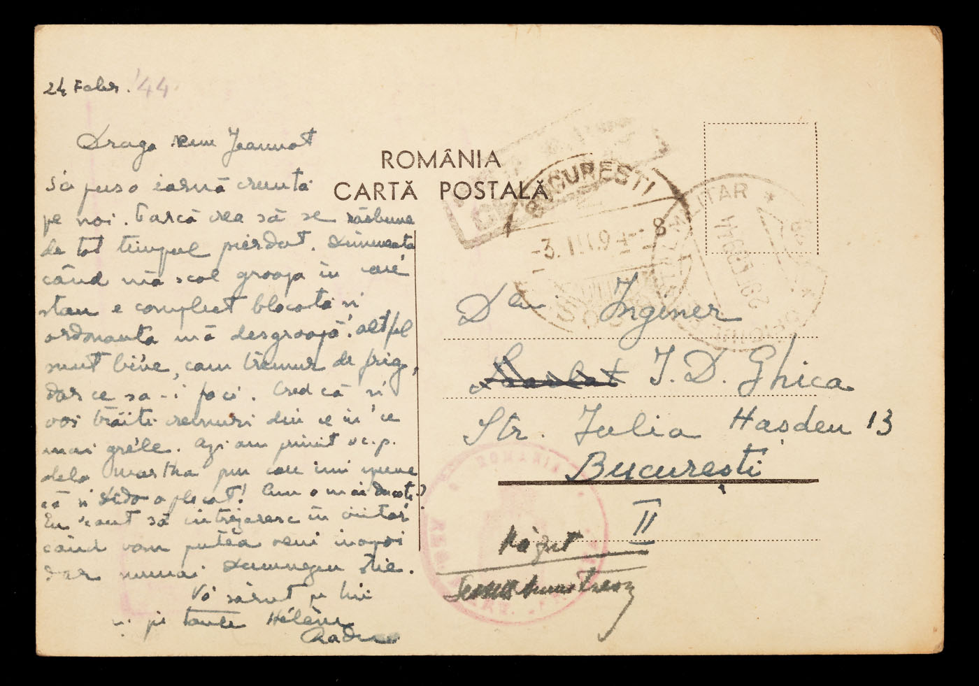 Carte poştală trimisă de Radu Greceanu de pe front către unchiului său Ion D. Ghica, 24 februarie 1944