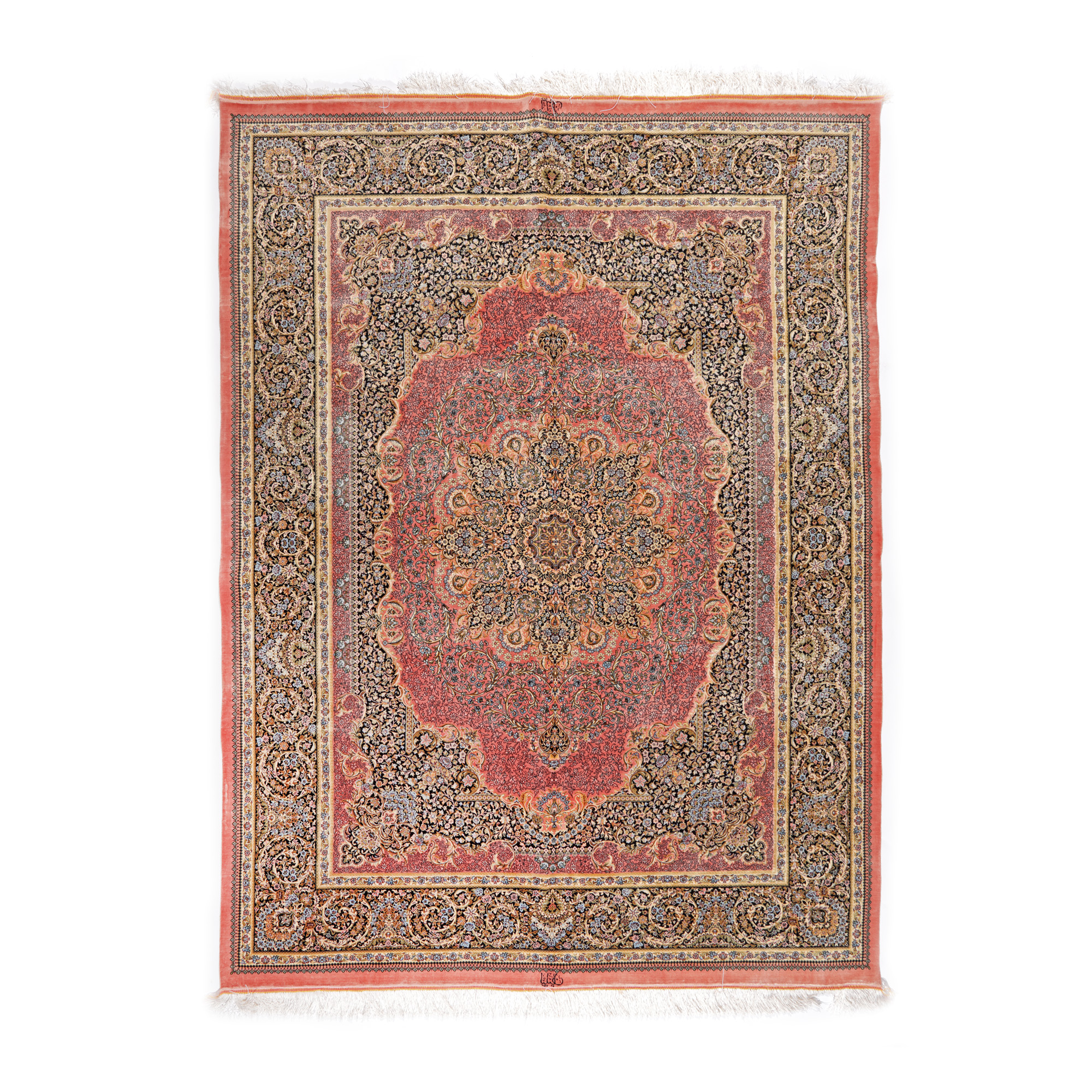 Excepțional covor Qum din mătase, decorat cu bogate motive florale, Iran