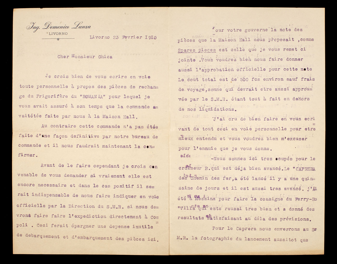 Scrisoare în limba franceză trimisă de inginerul italian Domenico Lanza către inginer Ion D. Ghica, directorul tehnic al Serviciului Maritim Român, Livorno, 23 februarie 1910, conține semnătura olografă a lui Domenico Lanza (2 file)