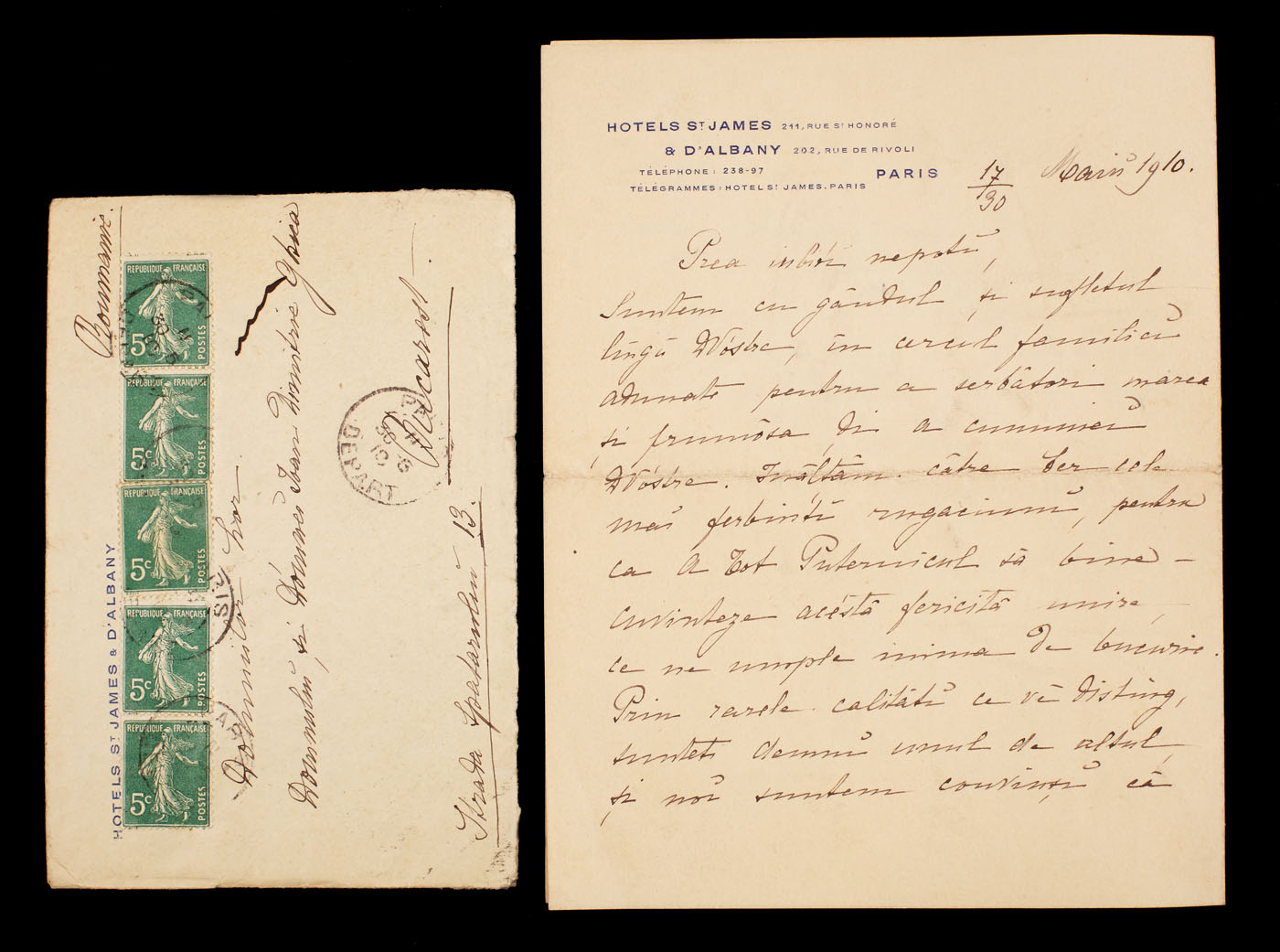 Scrisoare trimisă de Dimitrie Sturdza, fost prim-ministru al României, şi Zoe Sturdza, soţia acestuia, către Elena Ghica, născută Cantacuzino, Hotels St. James, Paris 1910, cu semnăturile olografe ale lui Dimitrie şi Zoe Sturdza, în plicul original