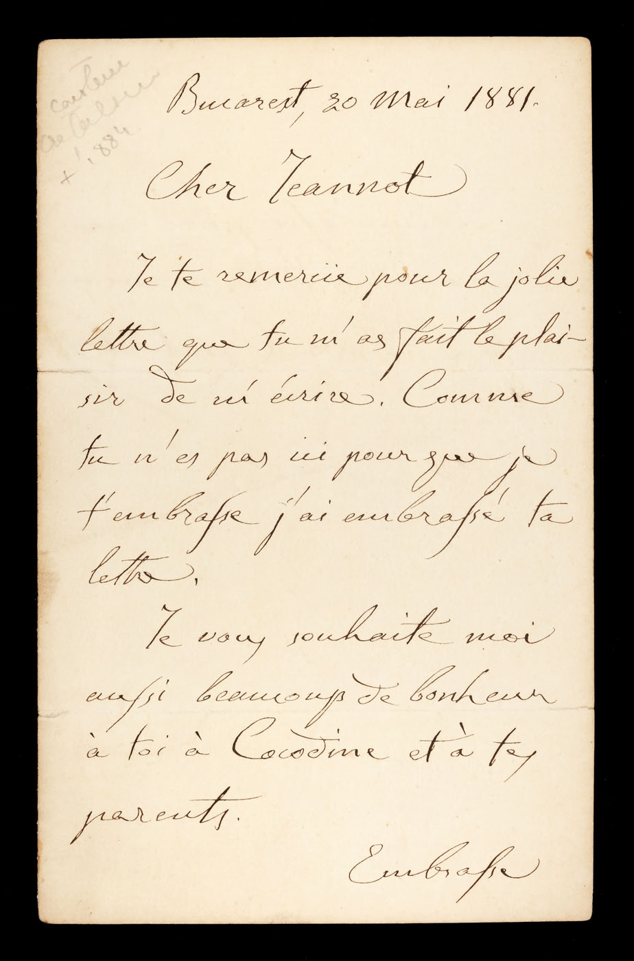 Scrisoare, în limba franceză, trimisă de Constantin Creţulescu către nepotul său Ion D. Ghica, Bucureşti, 20 mai 1881