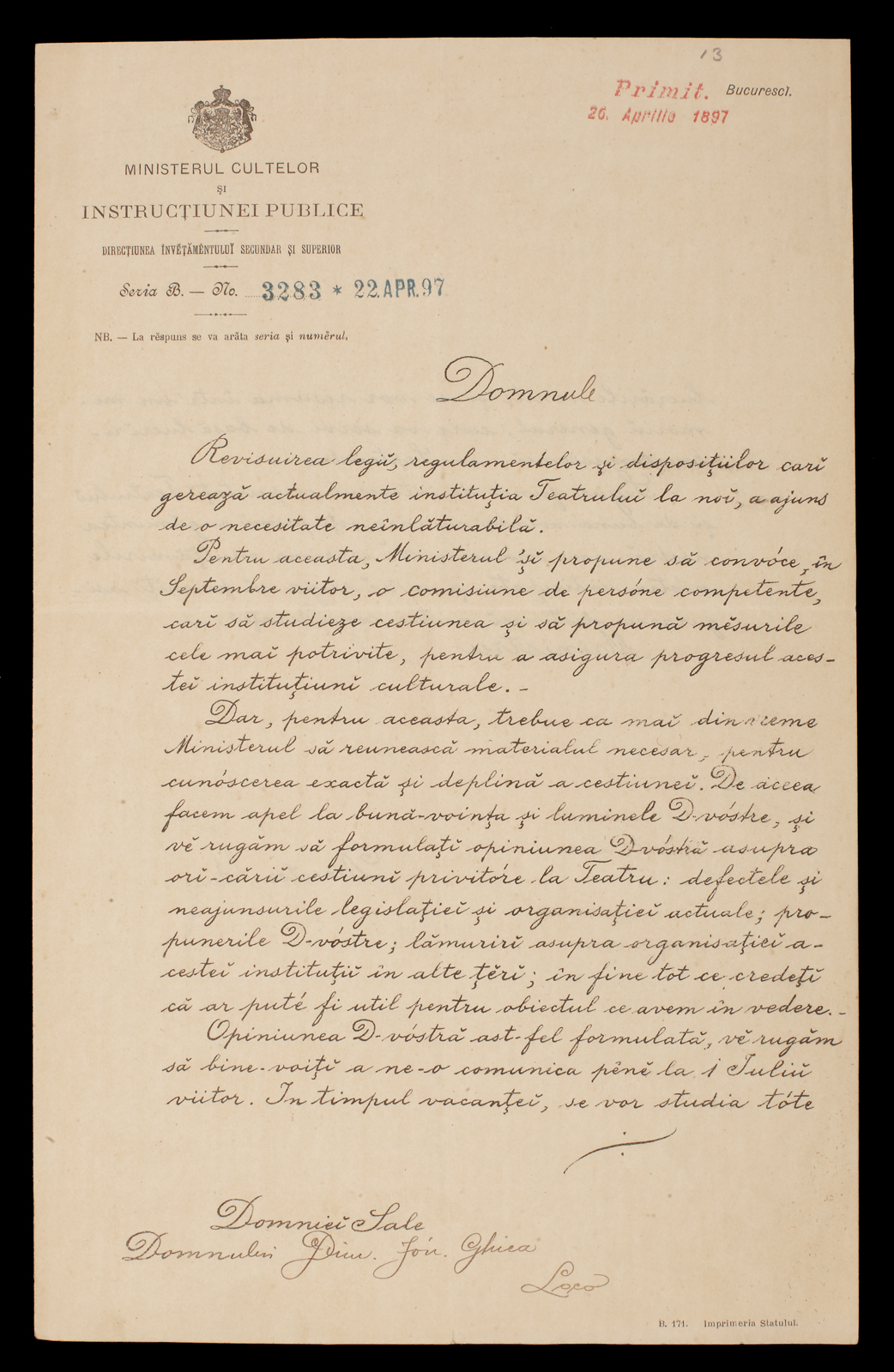 Scrisoarea trimisă de Ministerul Cultelor adresată lui Dimitrie I. Ghica, 26 aprilie 1897, cu semnătura olografă a lui Spiru Haret