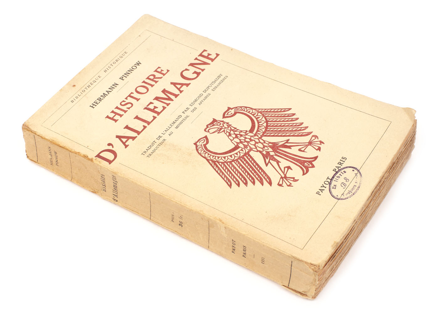 "Istoria Germaniei", de Hermann Pinnow, franceză, Paris, 1931, cu ex-libris Barbu Slătineanu, provine din colecția familei Ion Ghica
