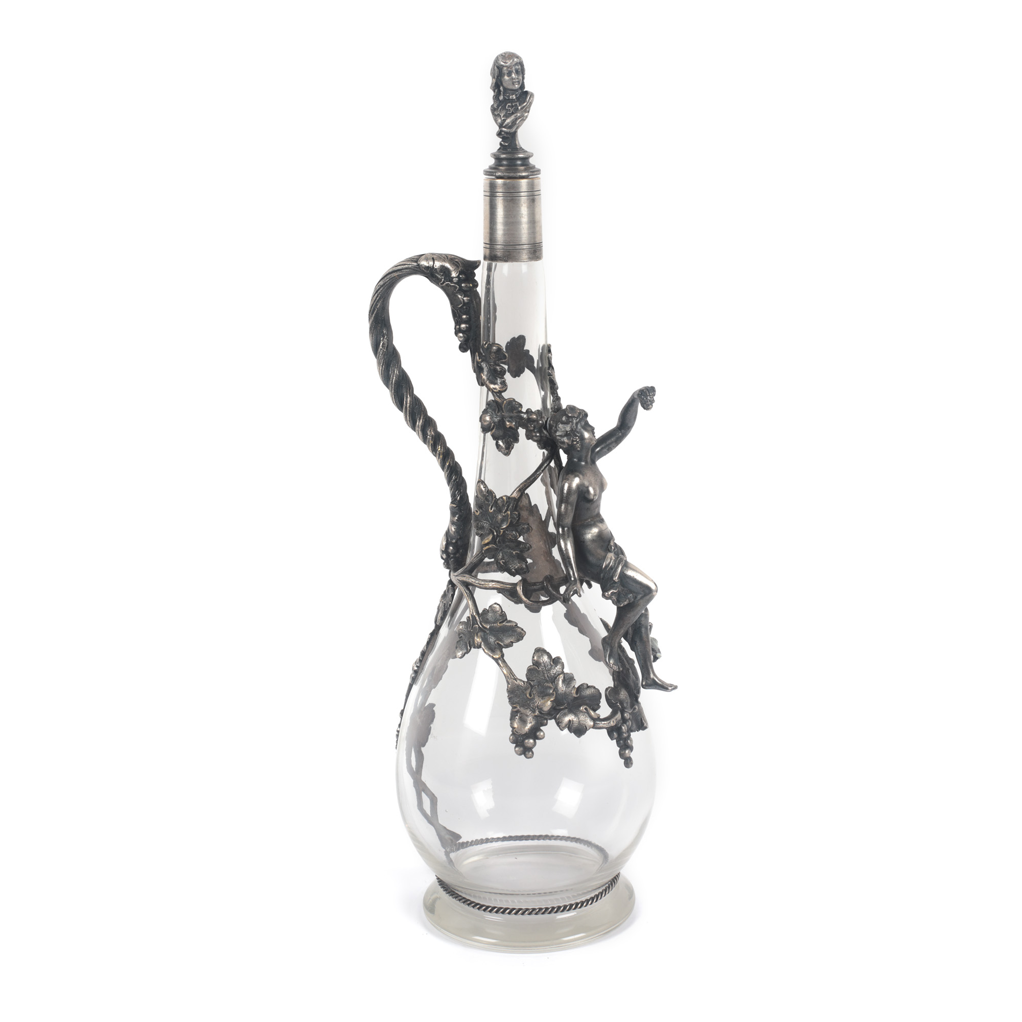 Decantor WMF din sticlă și metal argintat, decorat cu viță-de-vie și siluetă de bacantă, cca. 1900