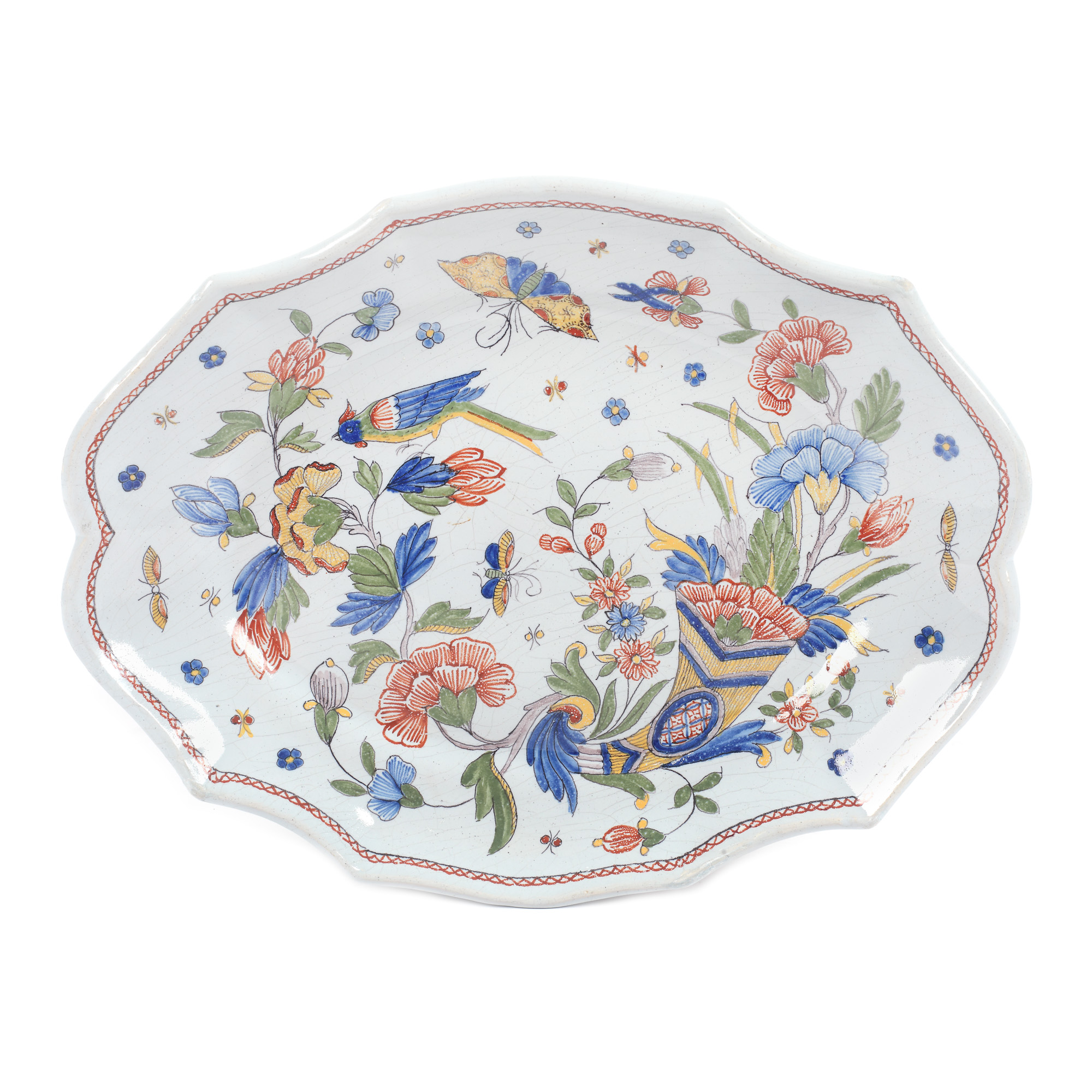 Platou Rouen din ceramică pictată manual, decorat  cu cornul abundenței, sec XVIII 