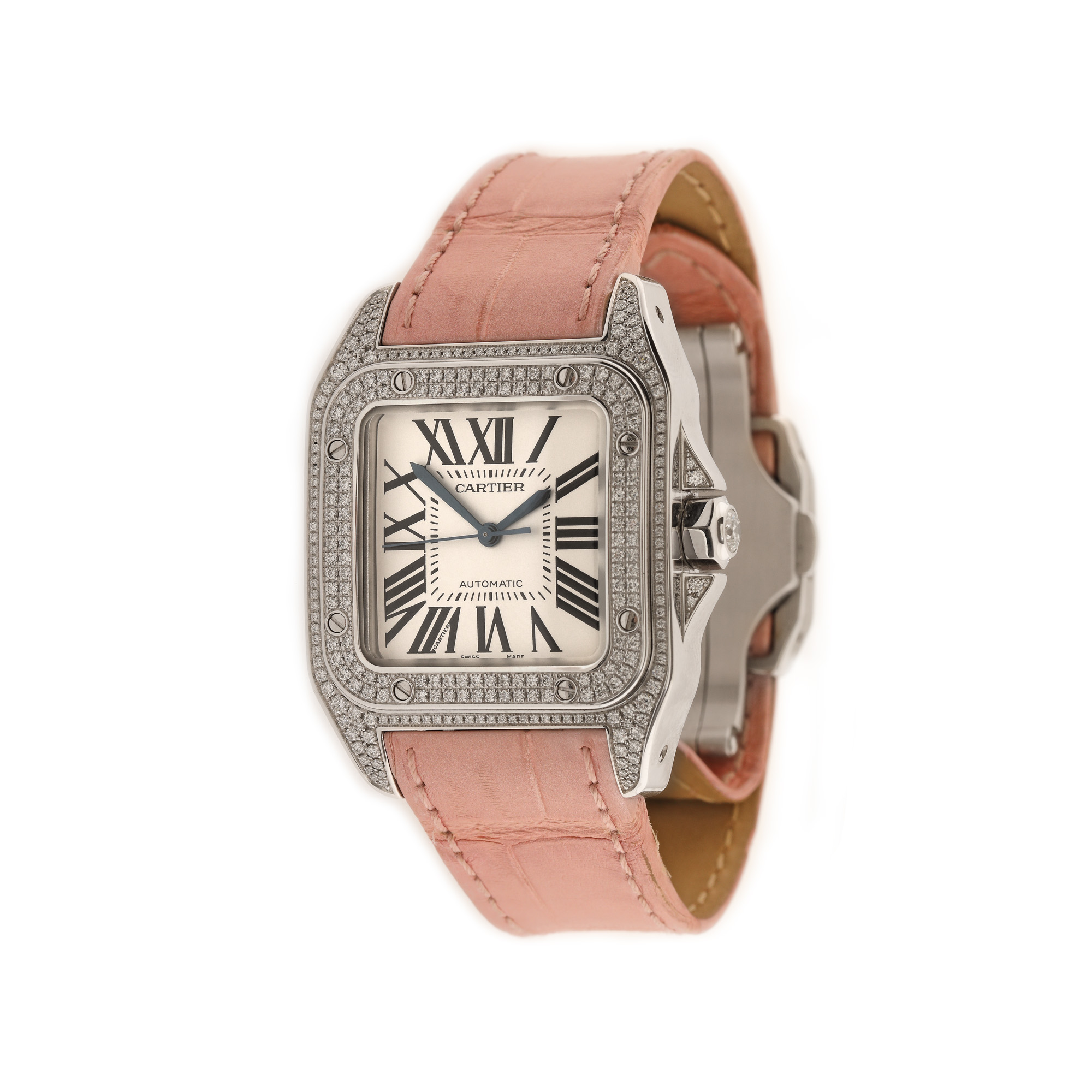 Cartier Santos 100 wristwatch, white gold, women, paved with diamonds, original box, spare strap and user manual