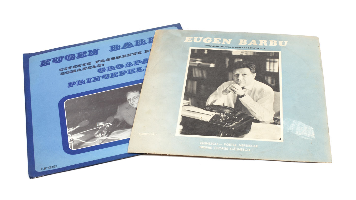 Lot format din două discuri vinyl cu ”Eugen Barbu- comunicări făcute la Academia R.S.R. în anul 1975” și ”Eugen Barbu- citește fragmente din romanele: Groapa și Principele”, 1971 și 1977, provine din colecția Marga și Eugen Barbu