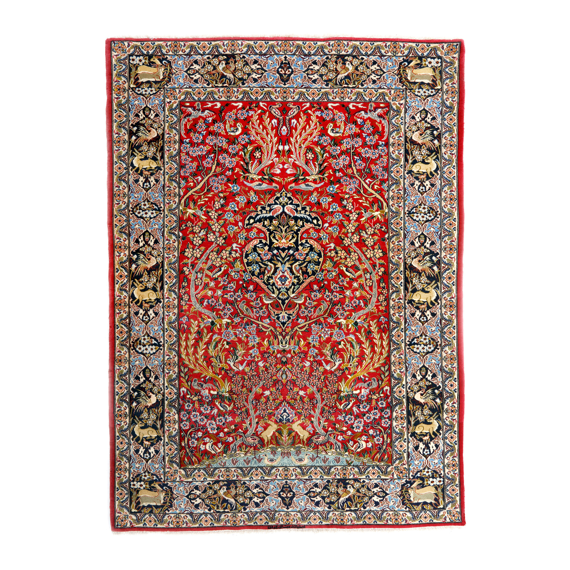 Covor Isfahan din lână și mătase, decorat cu motive floral-vegetale, Iran
