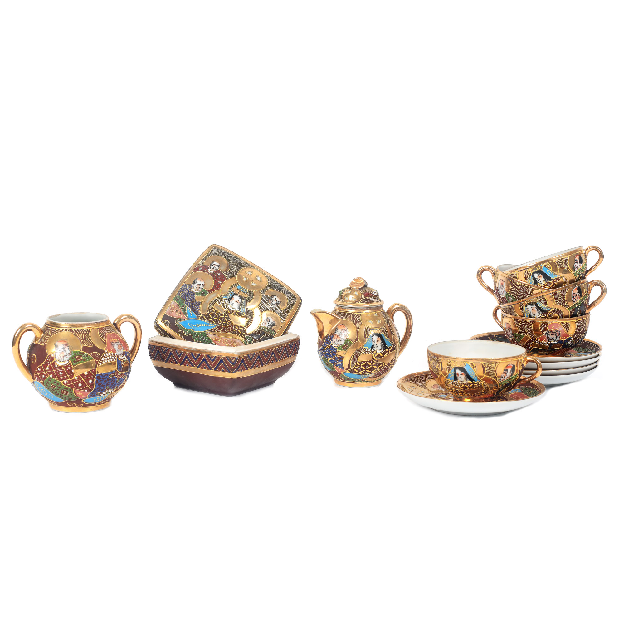 Satsuma set, for tea, consisting of five cups with plates, sugar bowl, milk pot and box with lid, Japan, from the Lucrezia and Ion Pacea collection