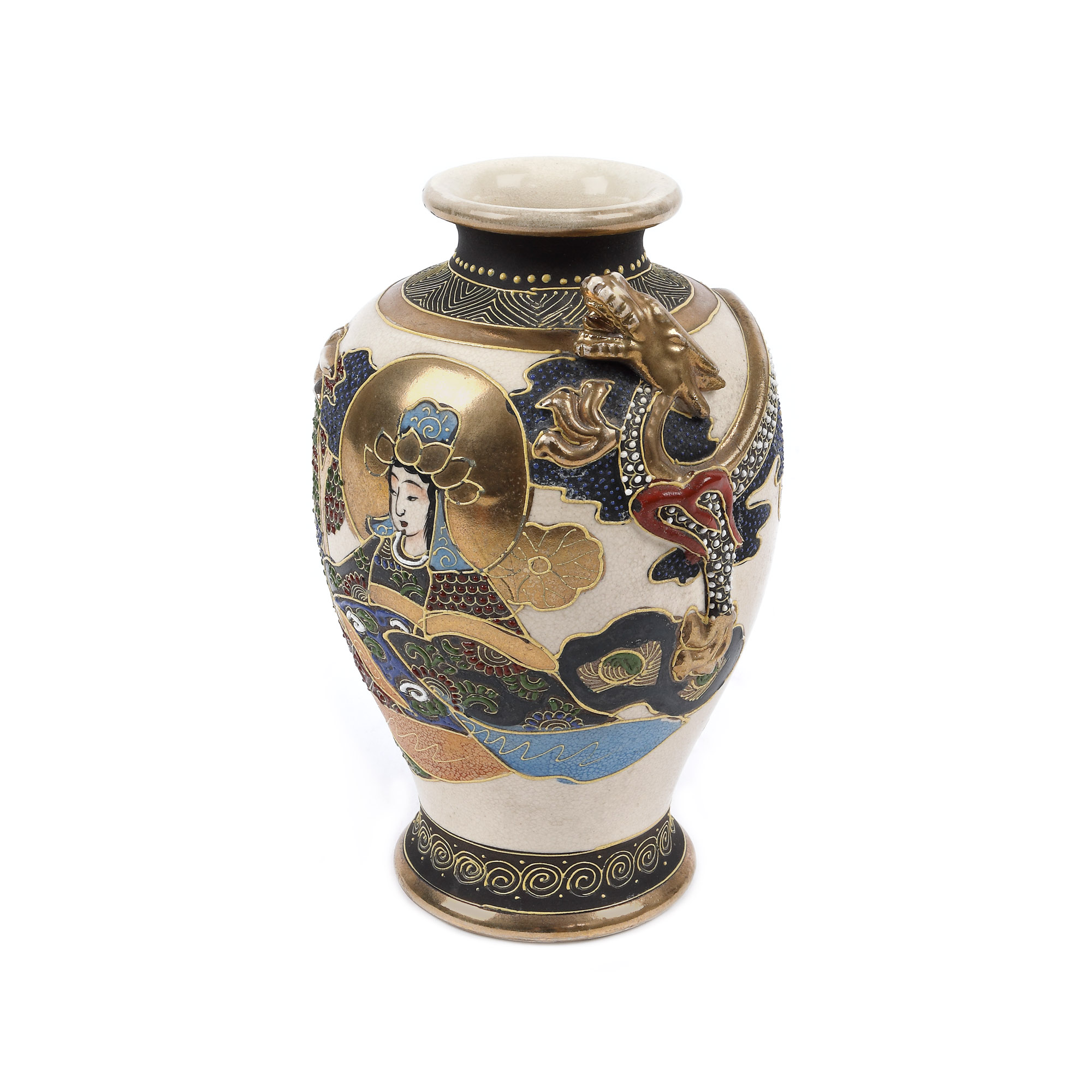 Satsuma vase decorated with two of "The Eight Immortals", child and dragon, marked "Kinkozan tsukuru", Japan, approx. 1920, from the Lucrezia and Ion Pacea collection