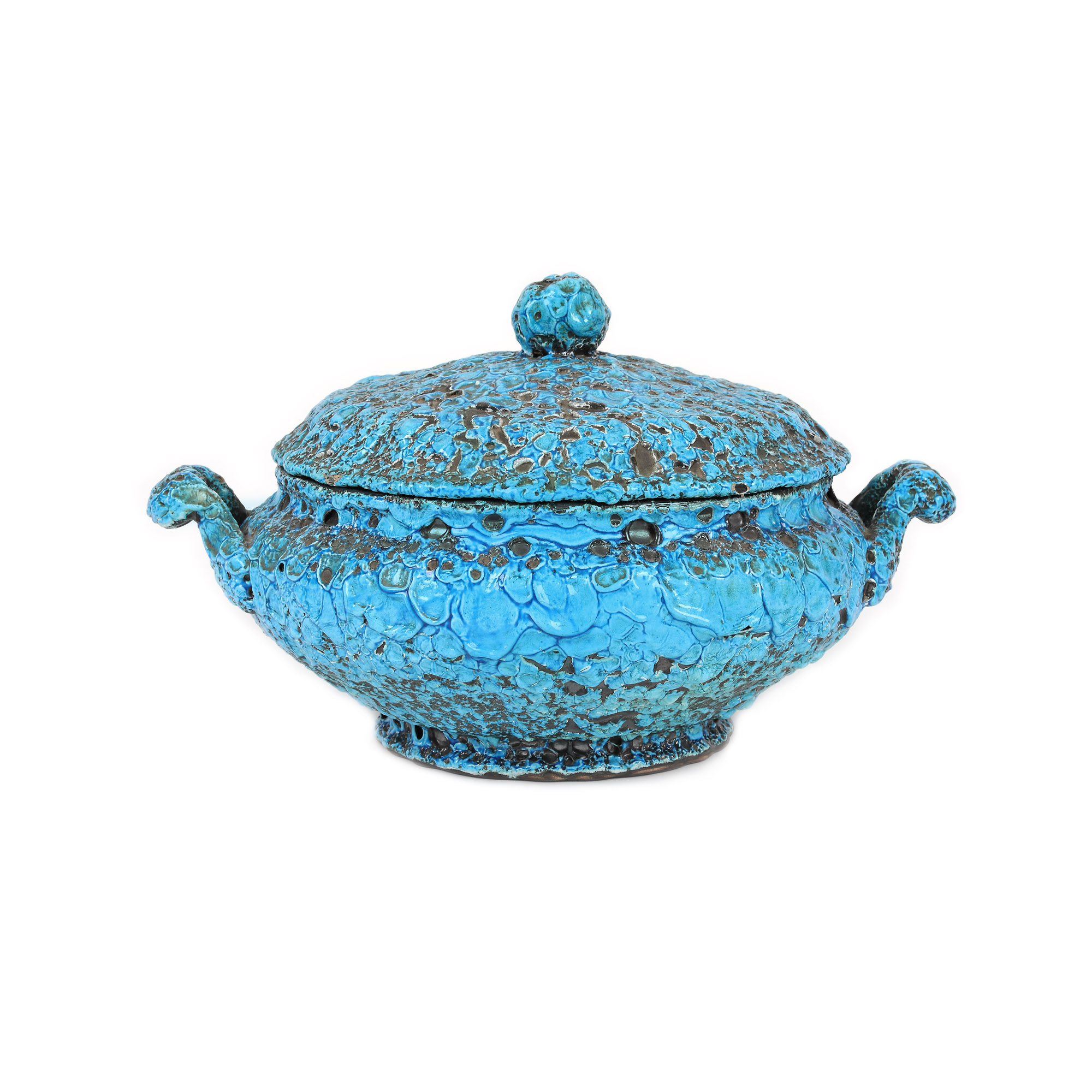 "Emaux des glaciers" - Charles Cart soup tureen with lid for Atelier du Cyclope, decorated with dripped blue ceramic, Mid-Century, from the Lucrezia and Ion Pacea collection