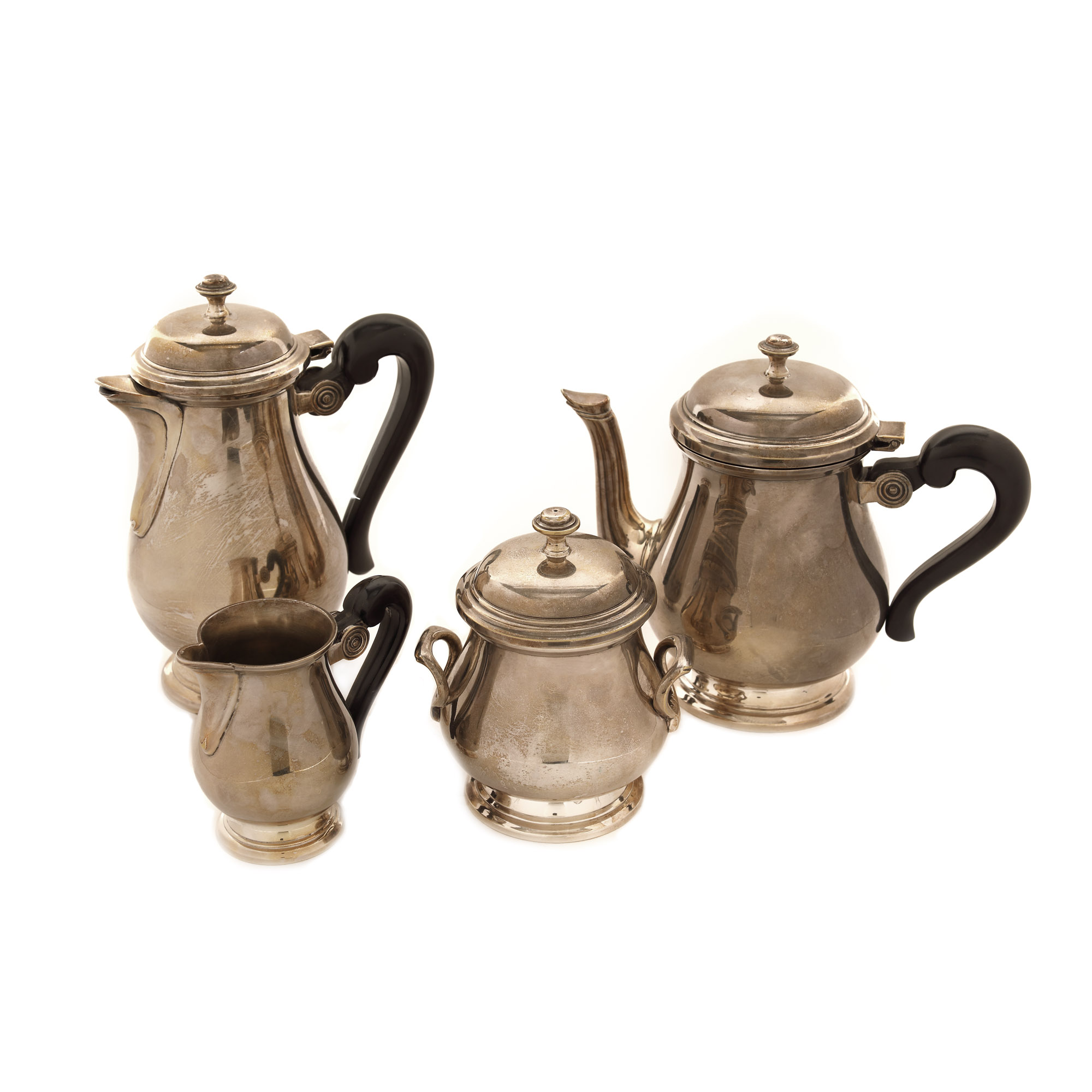 Art Deco service, for tea and coffee, consisting of teapot, coffee pot, sugar bowl and milk pot, approx. 1930, from the Lucrezia and Ion Pacea collection