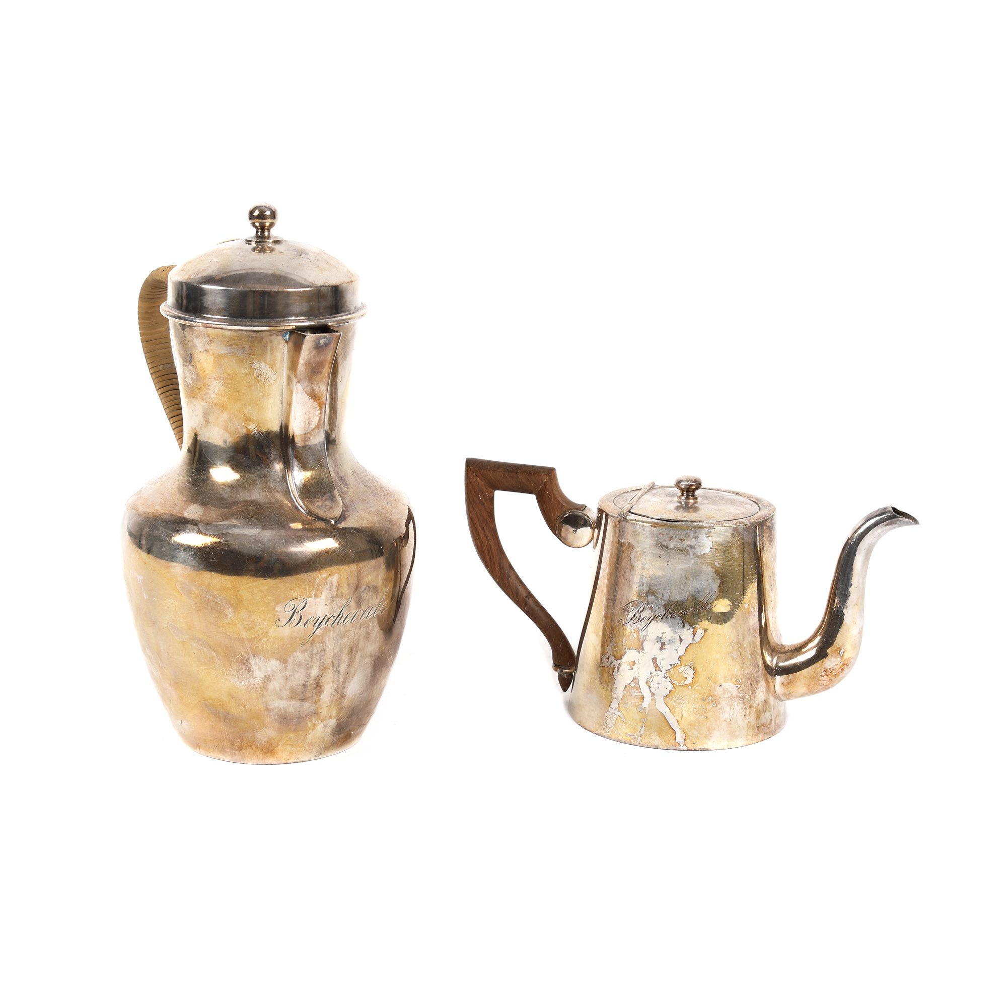 Teapot and coffee pot, silvered metal, "Beychevelle" inscription, from the Lucrezia and Ion Pacea collection