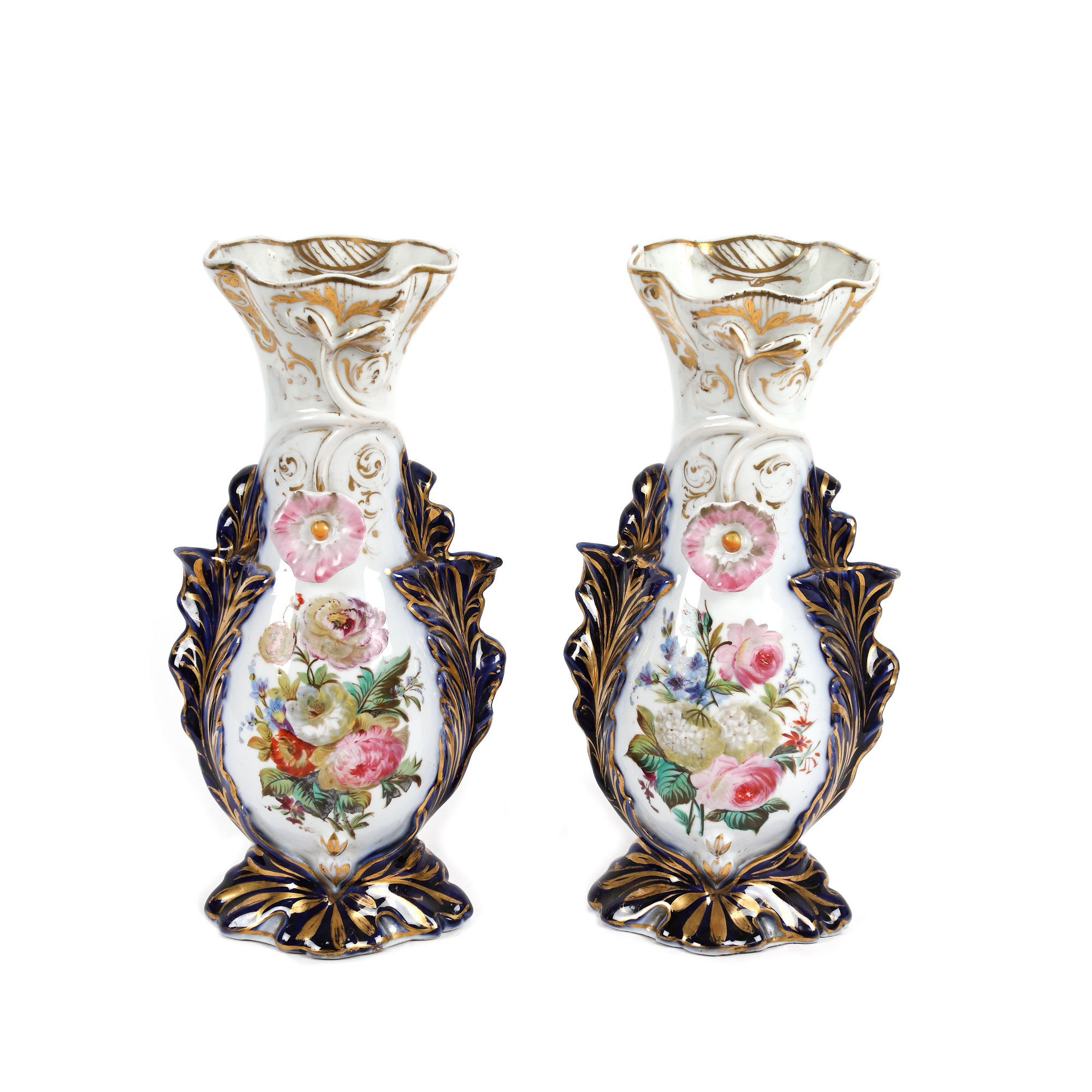 Pair of porcelain vases, Vieux Paris manner, with rich hand-painted floral decoration, 19th century, from the Lucrezia and Ion Pacea collection
