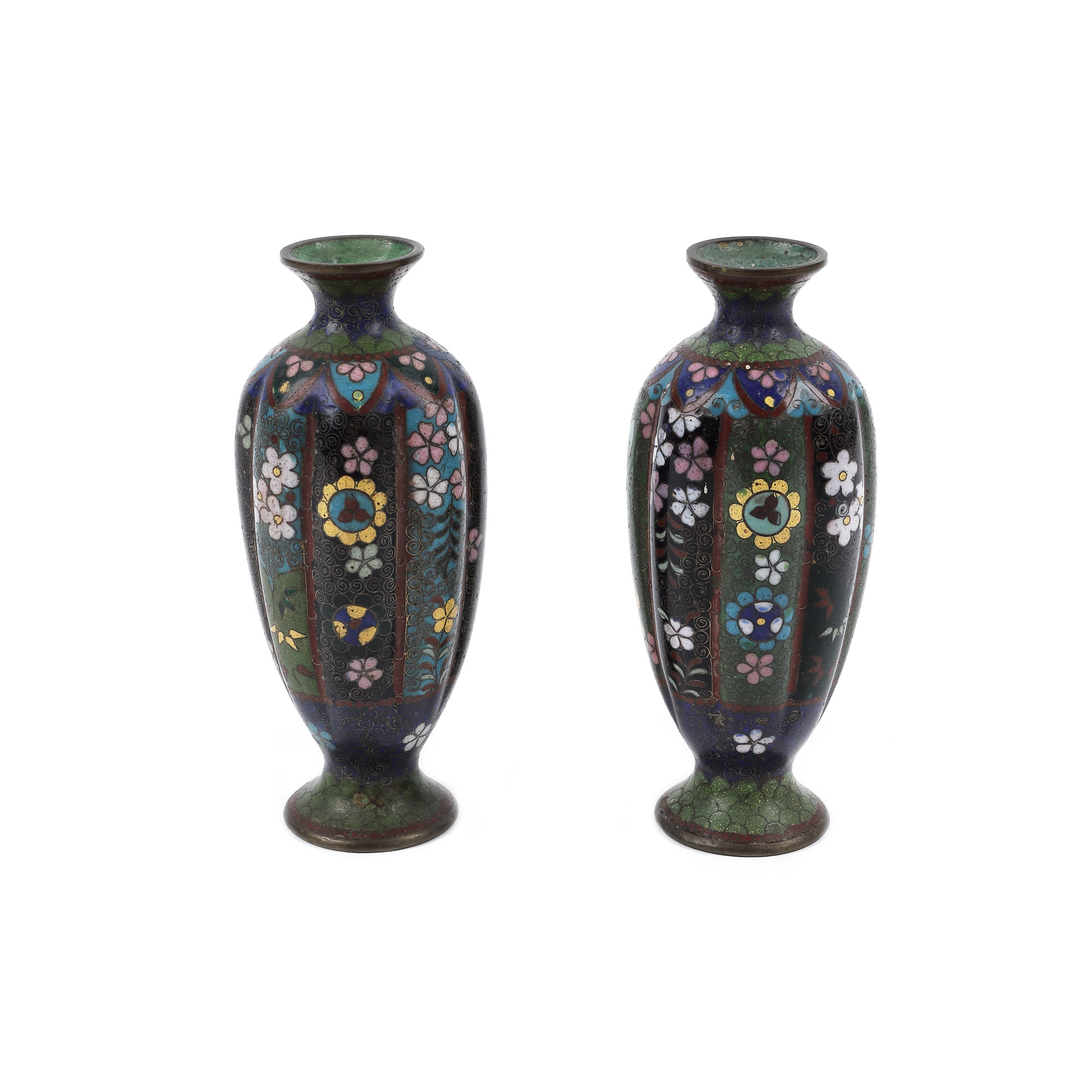 Pair of bronze vessels, with floral decoration, in cloisonné technique, Japan, from the Lucrezia and Ion Pacea collection