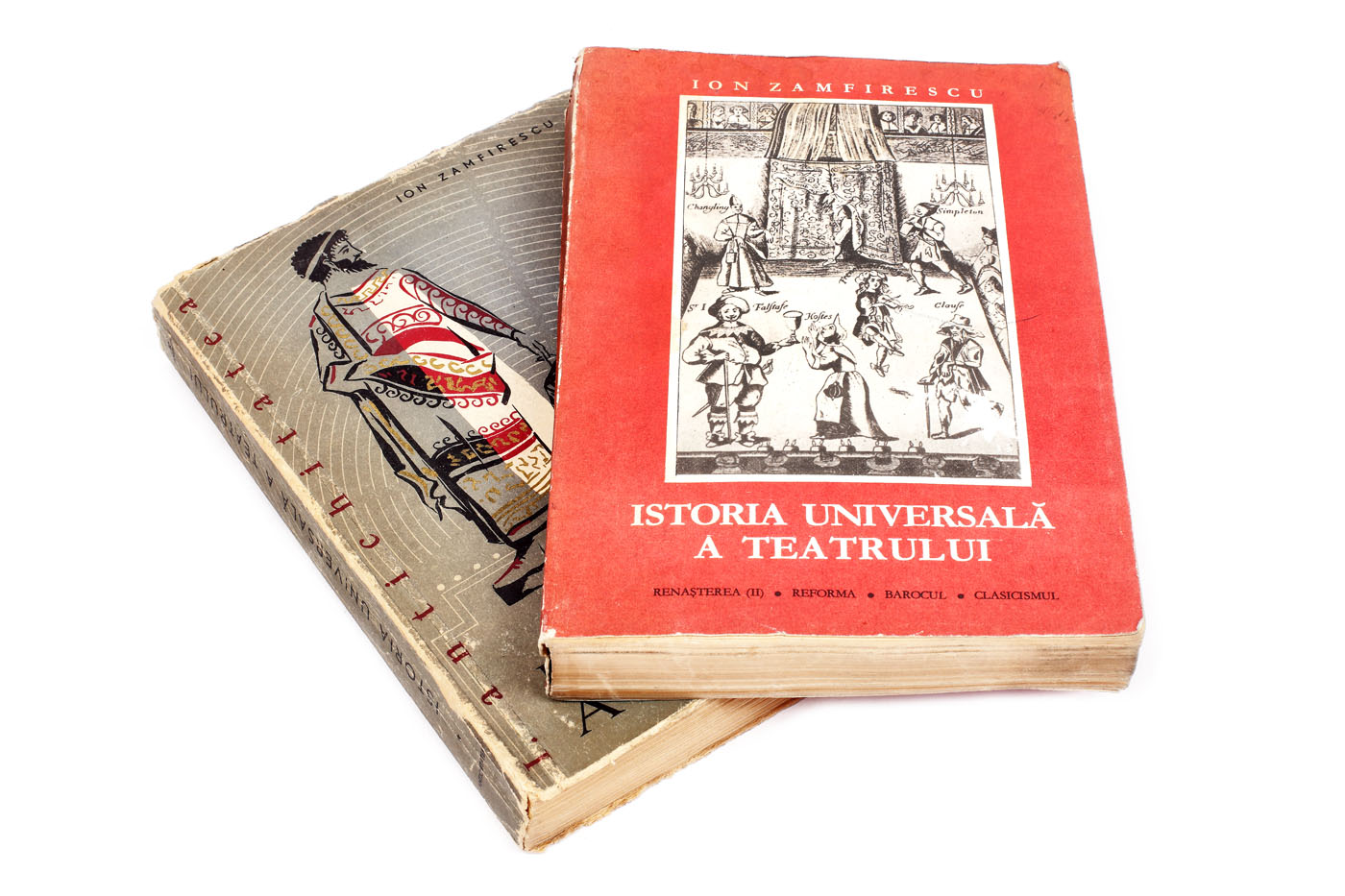 "Istoria universală a teatrului", de Ion Zamfirescu, București, 1958, cu autograful scriitorului Eugen Barbu, două volume