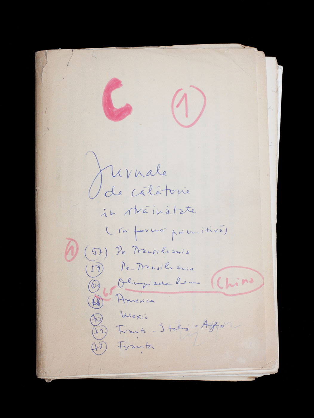 Jurnal de călătorie scris de Eugen Barbu cu ocazia vizitelor în Italia, China, Statele Unite ale Americii, Mexic, Franța, Italia, Marea Britanie, Austria, 1957-1960