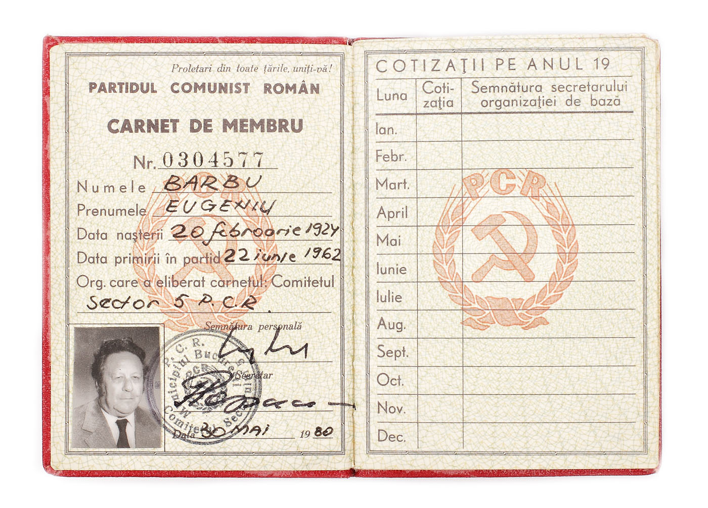 Carnet de membru de partid P.C.R, aparținând lui Eugen Barbu, 1980