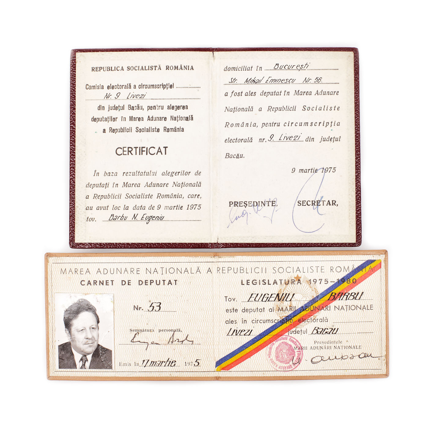 Lot format din Certificat doveditor al alegerilor de deputat în M.A.N. a R.S.R și carnet de de deputat M.A.N. a R.S.R, 1975-1980