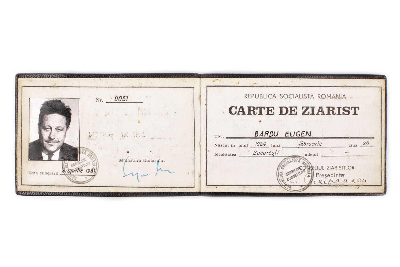 Carte de ziarist, R.S.R, aparținând lui Eugen Barbu, 1981