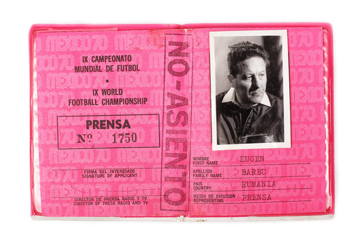 Legitimație de presă pentru Campionatul Mondial de Fotbal Mexic, aparținând lui Eugen Barbu, 1970
