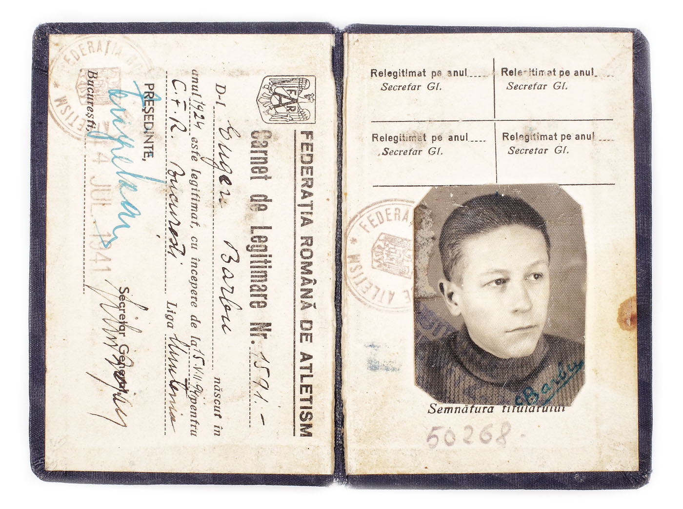 Carnet de legitimare emis de Federația Română de Atletism, aparținând lui Eugen Barbu, 1941