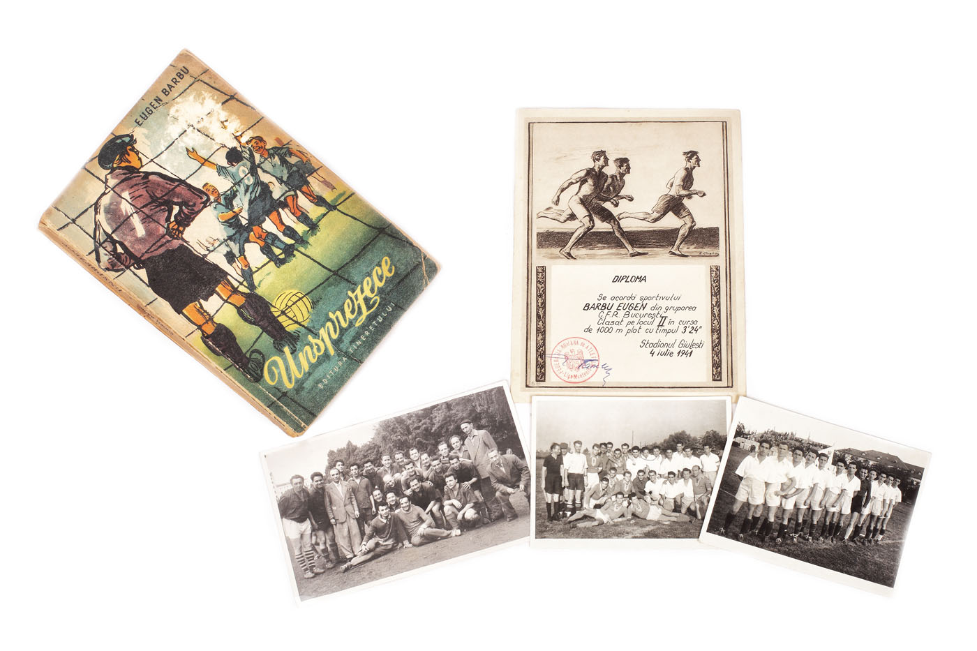 Lot format din diploma acordată sportivului Eugen Barbu în 1941, clasat pe locul doi în cursa de o mie de metri plat, însoțită de trei fotografii cu acesta pe terenul de sport și de volumul "Unsprezece" de Eugen Barbu apărut în 1956, cu corecturile autorului
