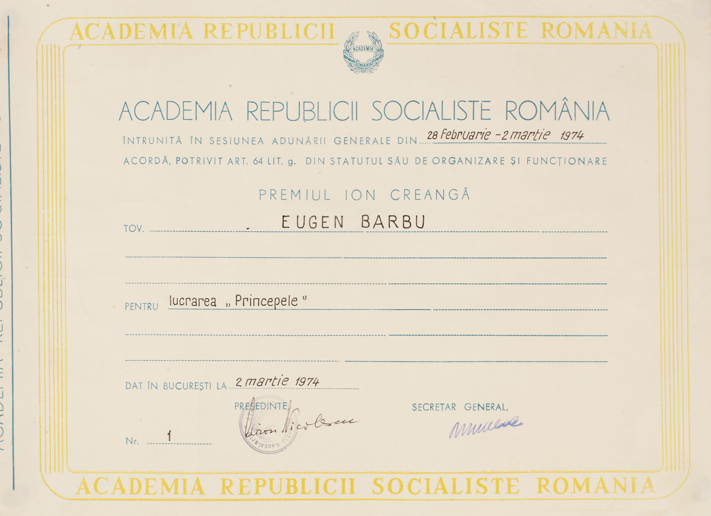 Premiul "Ion Creangă" acordat de Academia R.S.R lui Eugen Barbu pentru opera "Principele", 1974