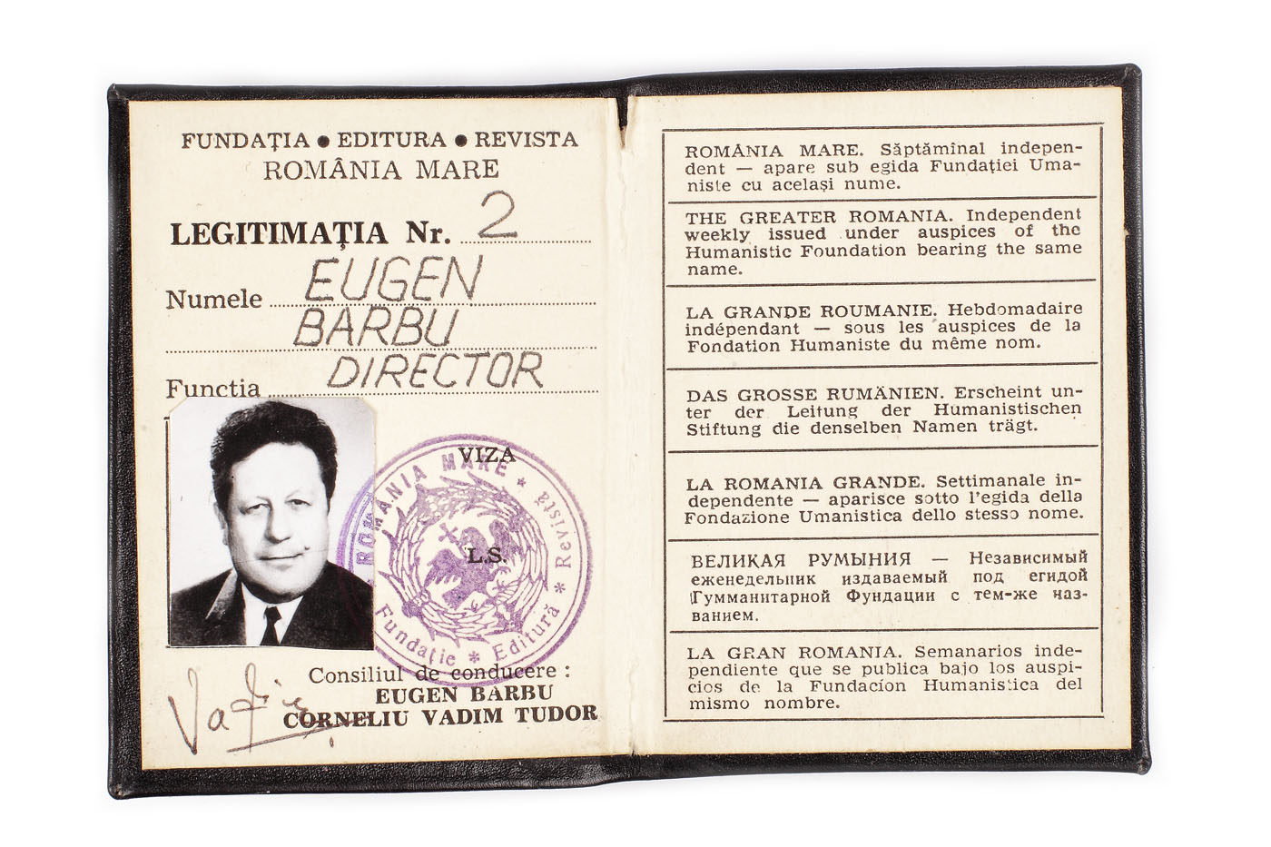 Legitimație de presă emisă de Fundația, Editura, Revista România Mare aparținând lui Eugen Barbu și purtând semnătura olografă a lui Corneliu Vadim Tudor