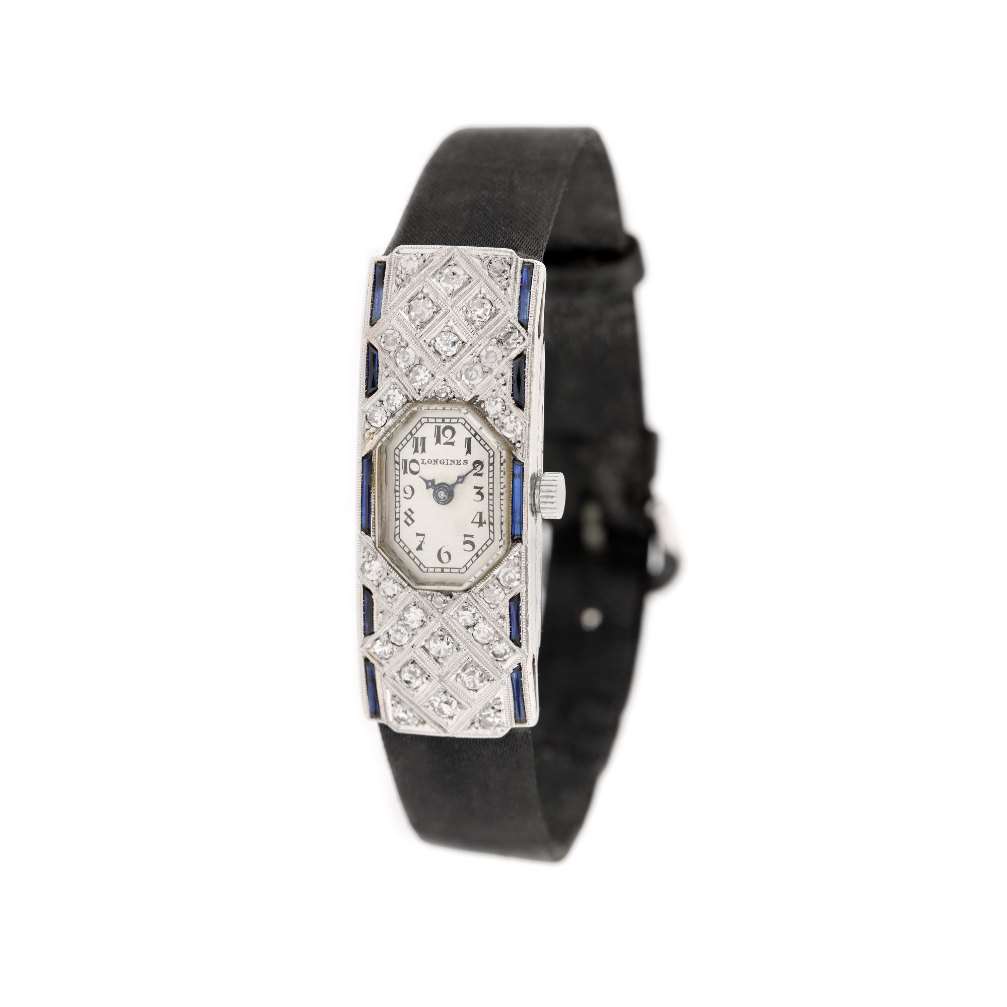 Elegant ceas Longines, Art Deco, din aur și platină, decorat cu diamante și pietre ornamentale