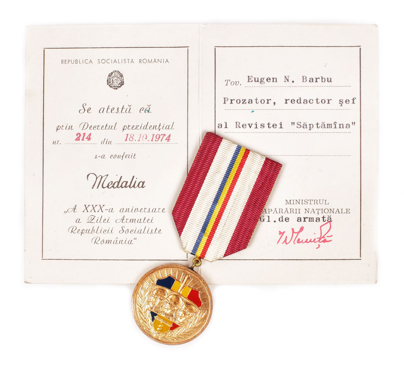 Medalia "A XXX-a aniversare a Zilei Armatei R.S.R", cu legitimație, acordată scriitorului Eugen Barbu, cu semnătura olografă a generalului Ioan Ioniță