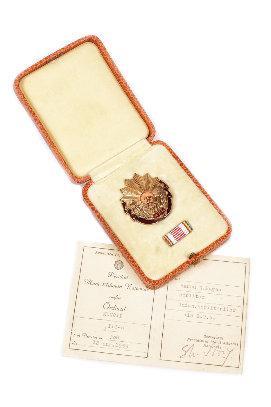 "Ordinul Muncii", clasa a III-a, cu legitimație, acordat scriitorului Eugen Barbu de Prezidiul Marii Adunări Naționale a R.P.R., 1959
