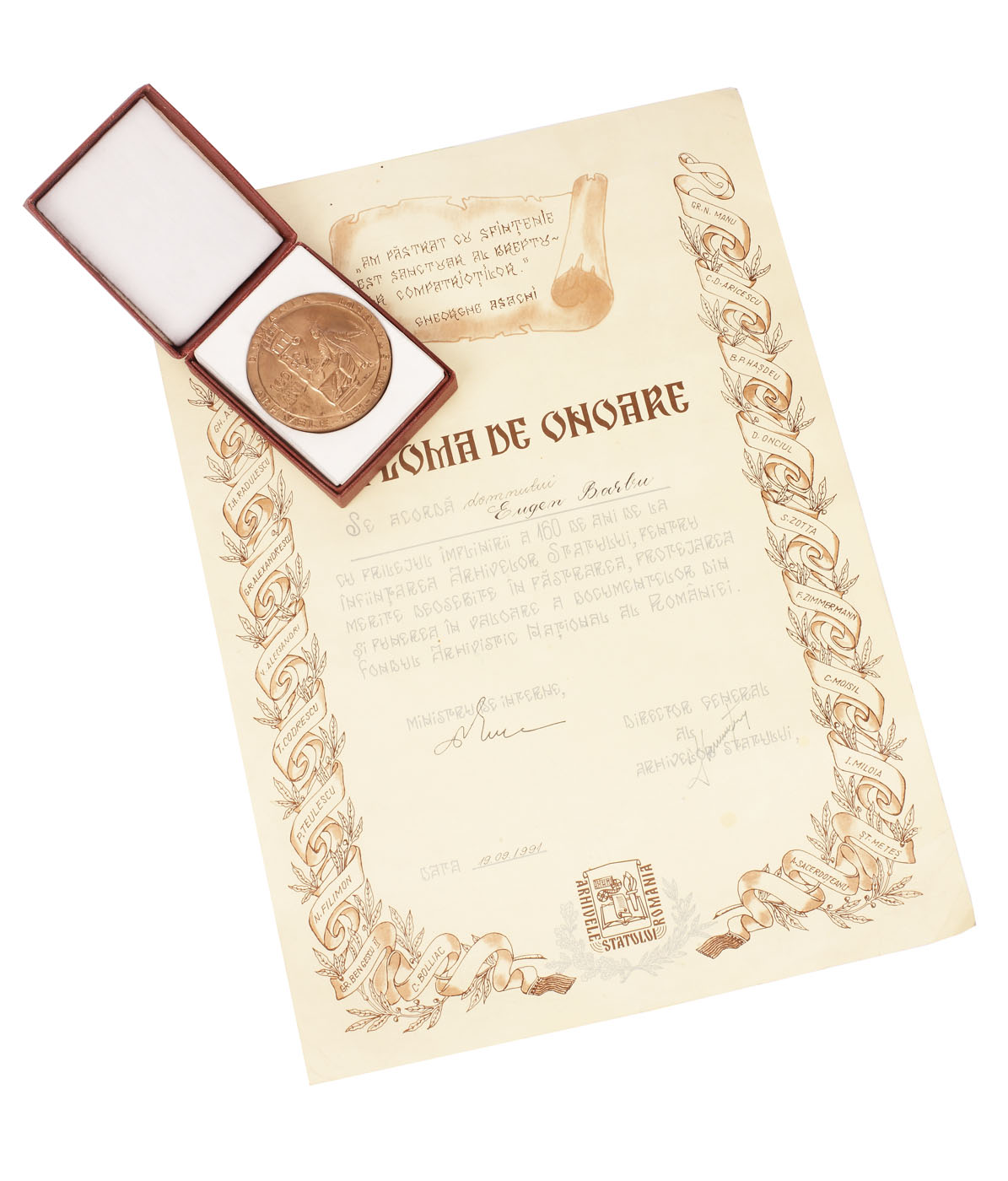 Medalie aniversară și diplomă de onoare  "160 de ani de le înființarea Arhivelor Statului", 1831-1991, acordată scriitorului Eugen Barbu