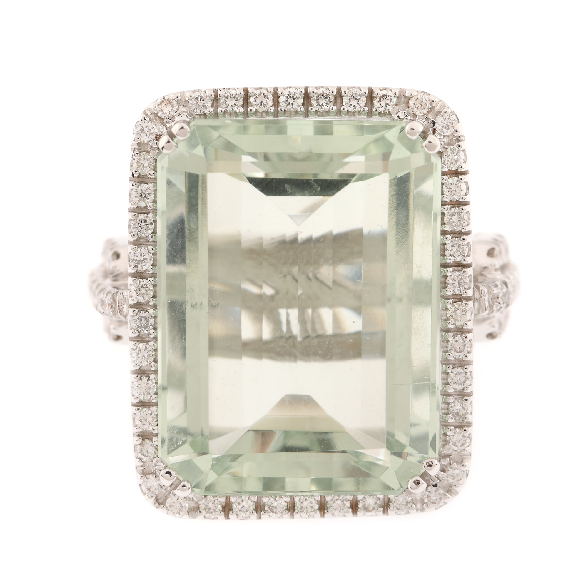 Ring, white gold, decorated with prasiolite and diamonds