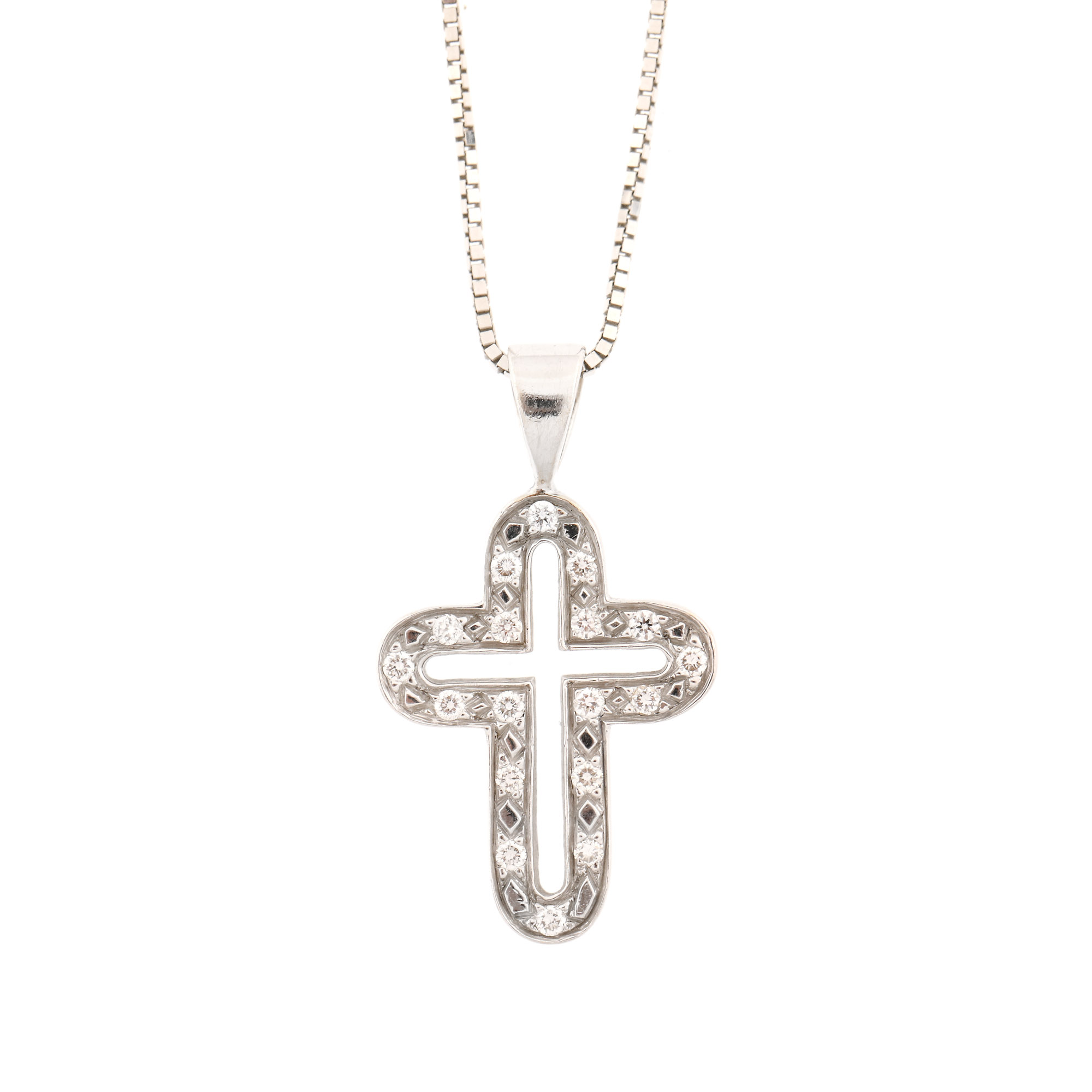 Cross-pendant chain, white gold, decorated with diamonds