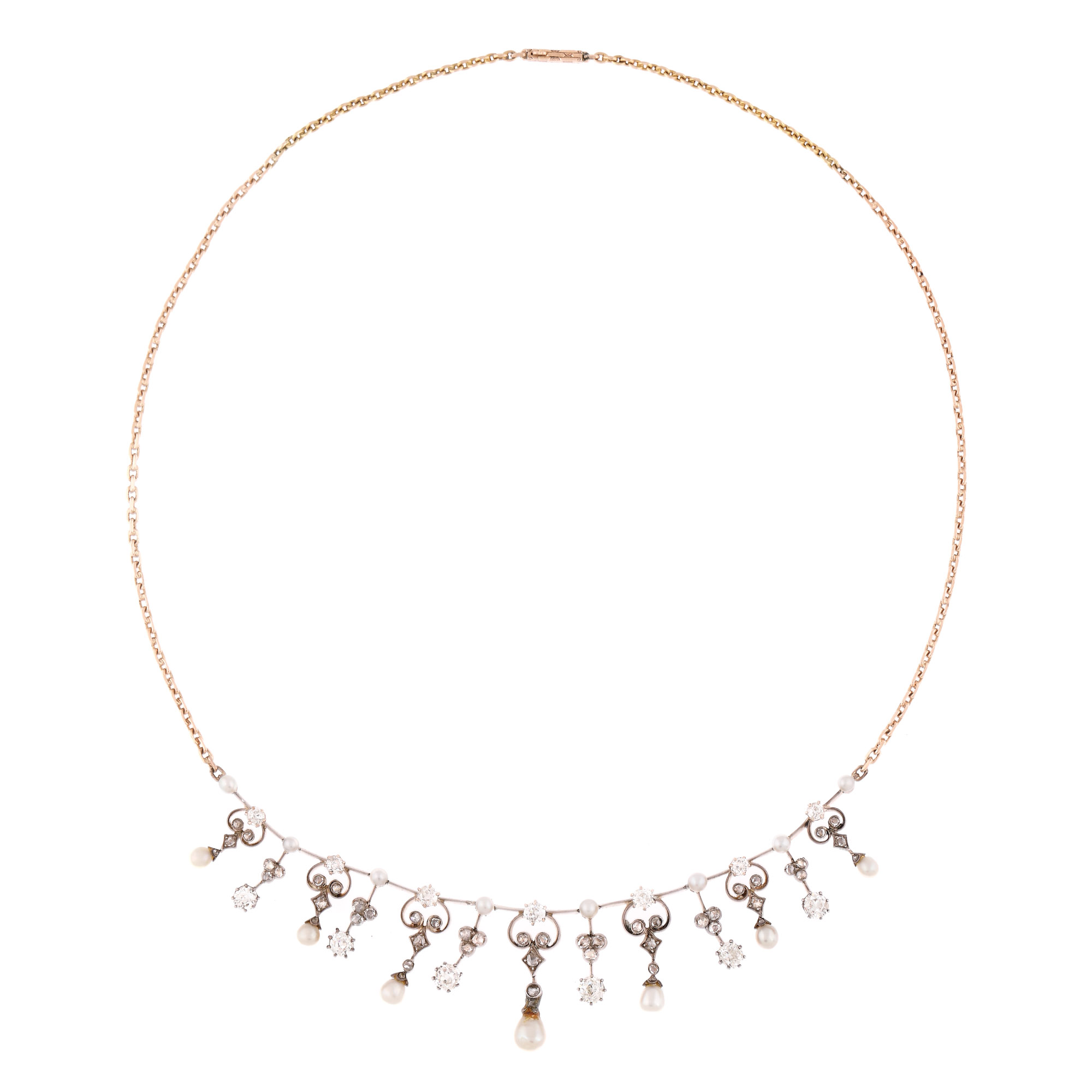 Belle Époque necklace, gold and silver, decorated with diamonds and pearls, Joseph Resch Fils original box